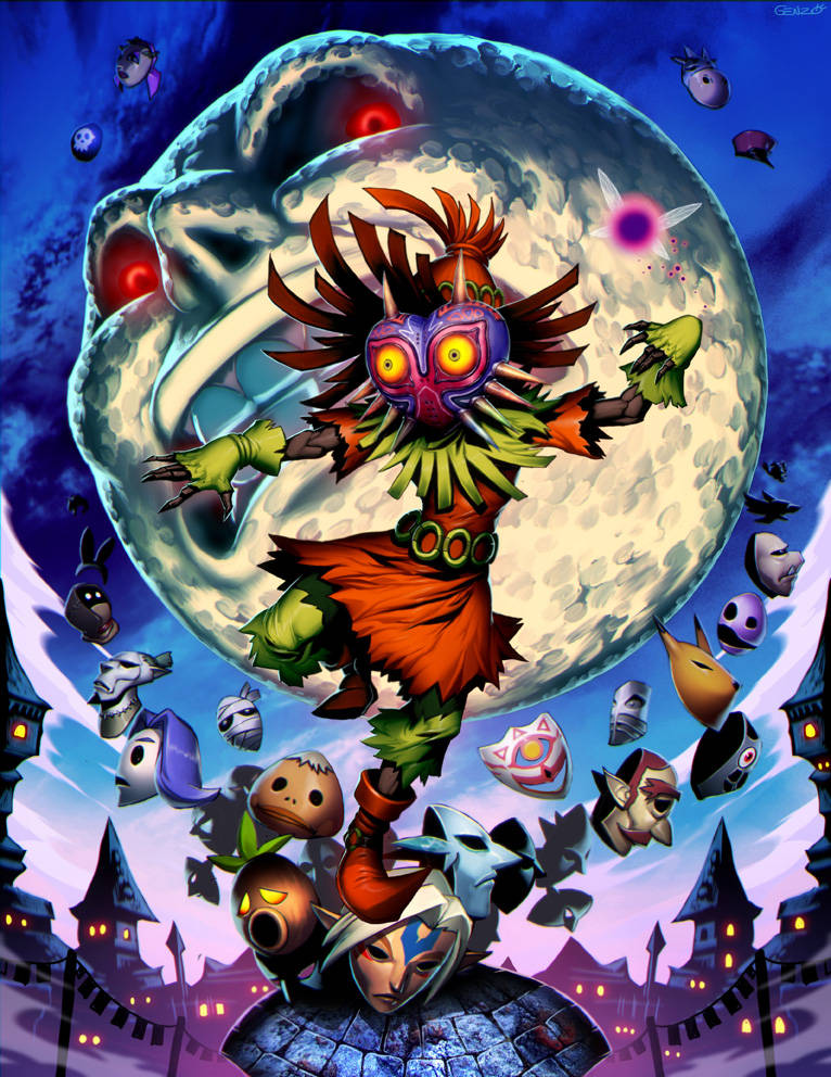 Majora's Mask 桌布 壁紙 — 一個戴面具的戰士跳向一個有發光眼睛的巨型月亮，漂浮的面具在夜晚的鬼村上空旋轉。