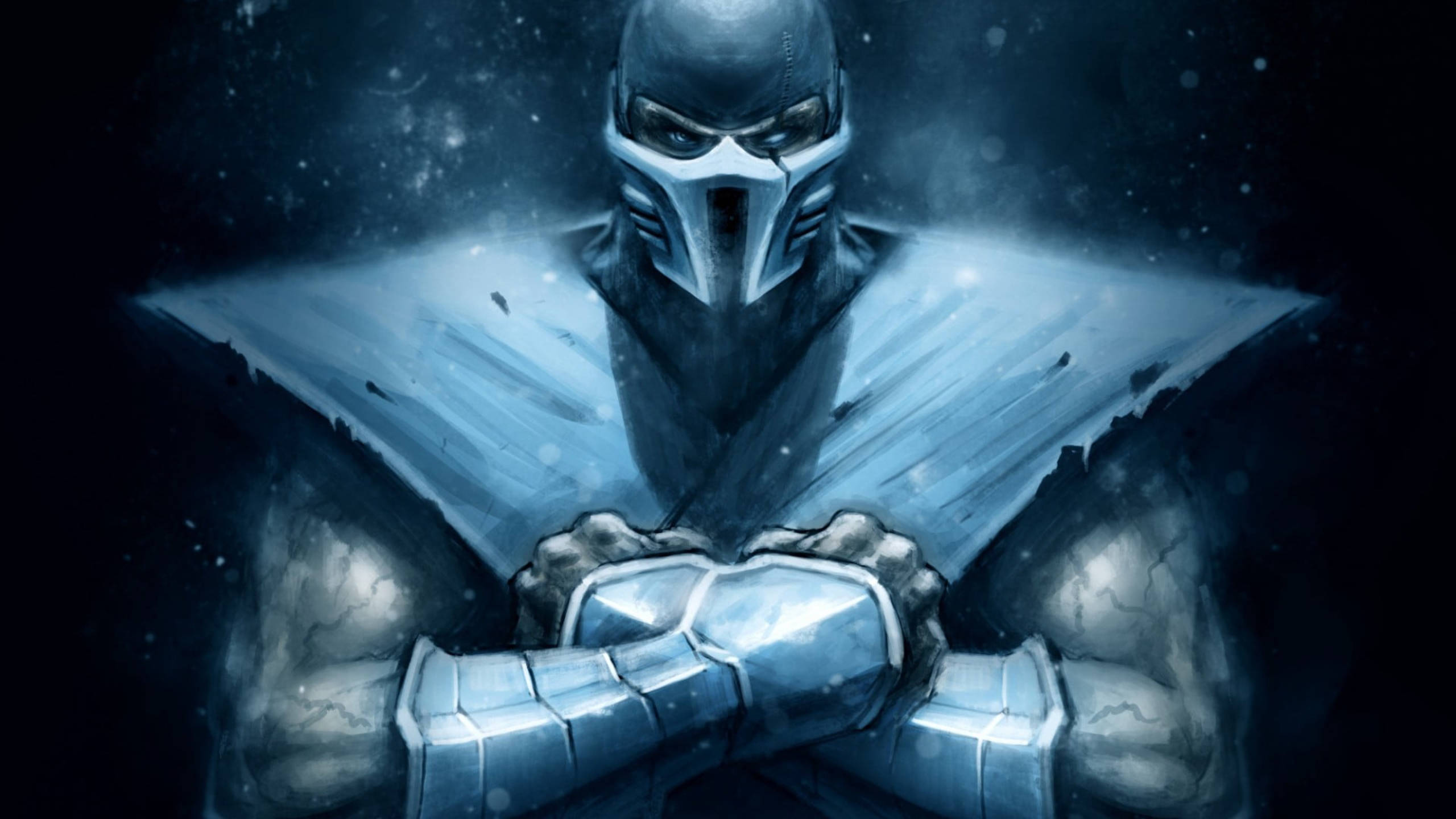 Sub-zero 桌布 壁紙 — 一個戴面具的戰士身穿冰藍色盔甲，在雪地黑暗背景中交叉雙臂站立。