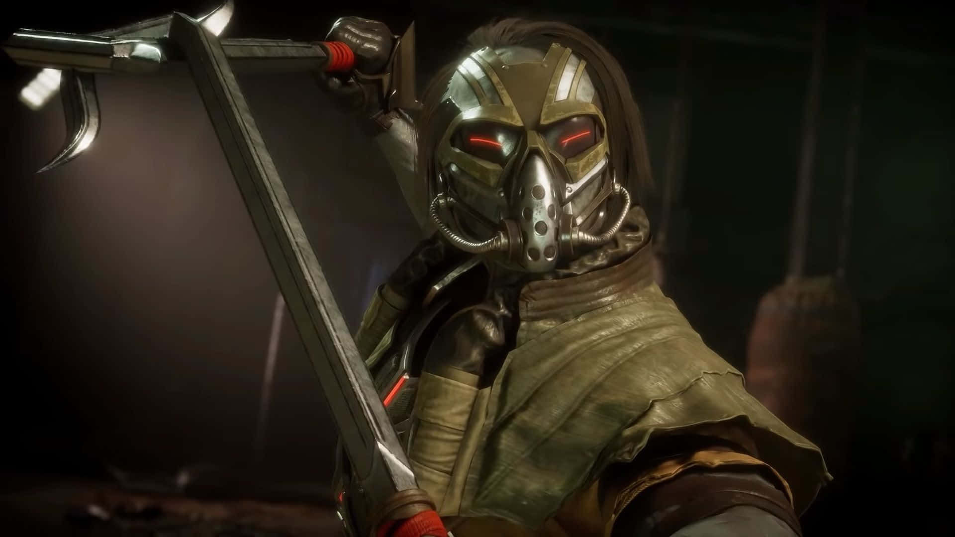 Mortal Kombat Kabal 桌布 壁紙 — 一個戴面具的戰士身穿金屬盔甲，在昏暗燈光下揮舞一把大劍，眼睛發出紅光。