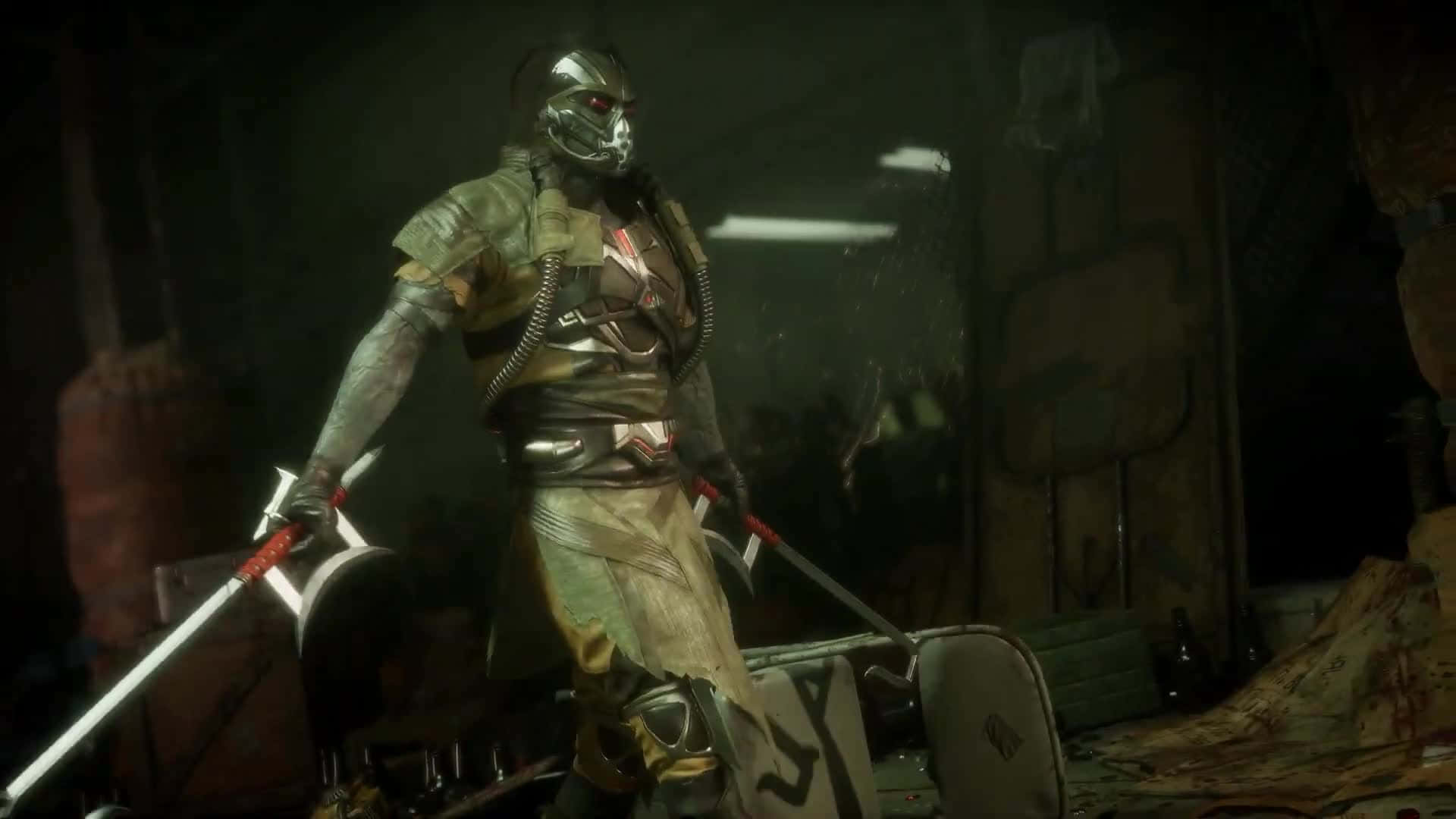 Mortal Kombat Kabal 桌布 壁紙 — 一個戴面具的戰士身穿金屬盔甲，站在昏暗的工業廢墟中，手持兩把發光的劍。
