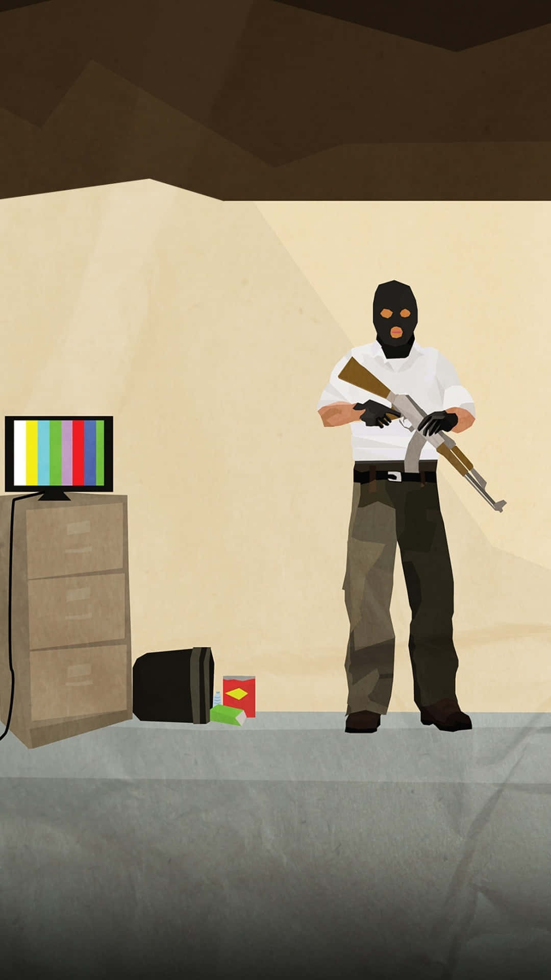 Android Counter-strike Global Offensive 桌布 壁紙 — 一個戴面具的武裝人物站在簡約風格的房間裡，旁邊有一個文件櫃和一台測試圖案電視。