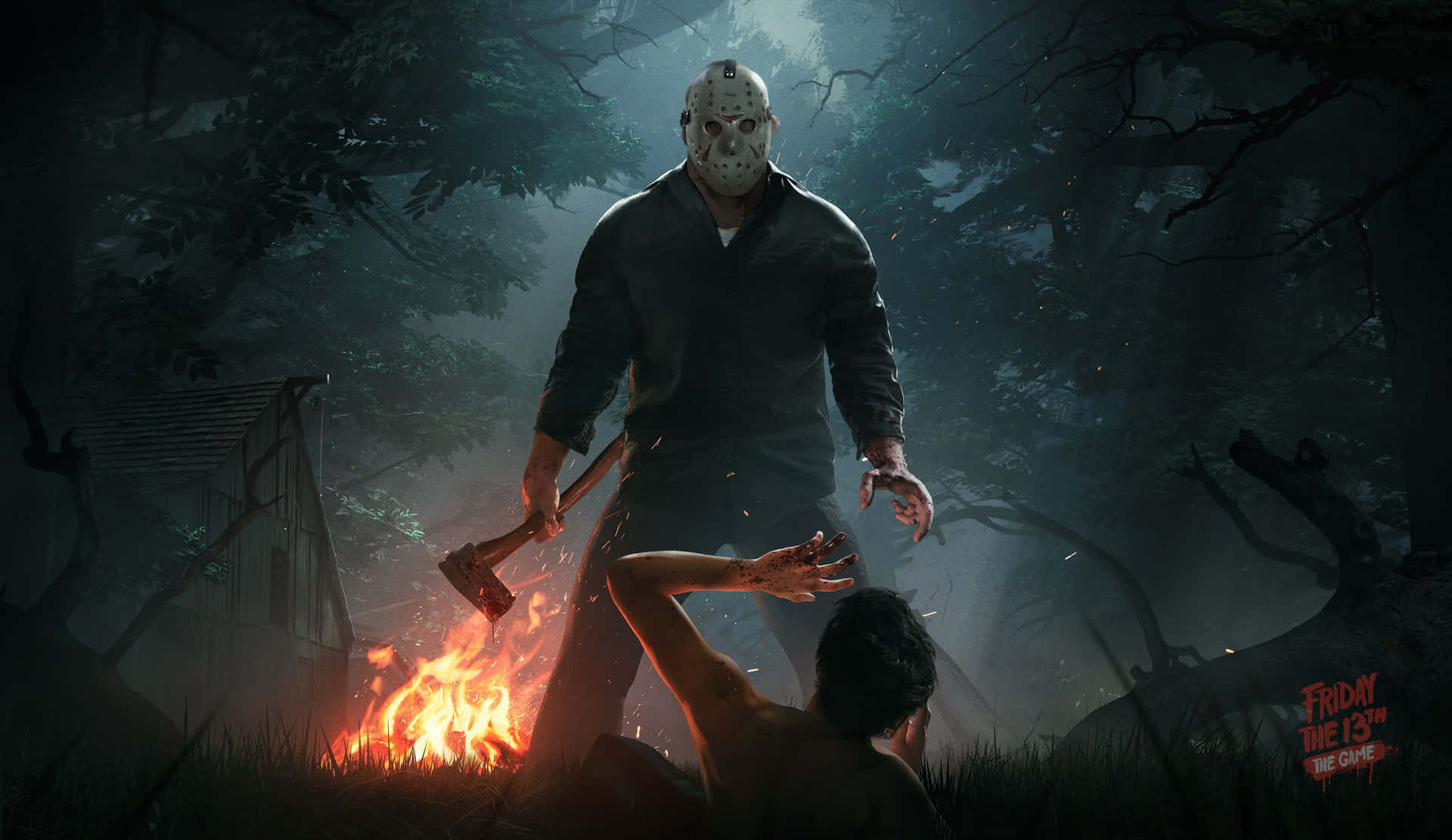 一個戴面具的殺手拿著斧頭，在黑暗森林的營火旁站在一個受害者上方。 — 十三號星期五 GIF 壁紙