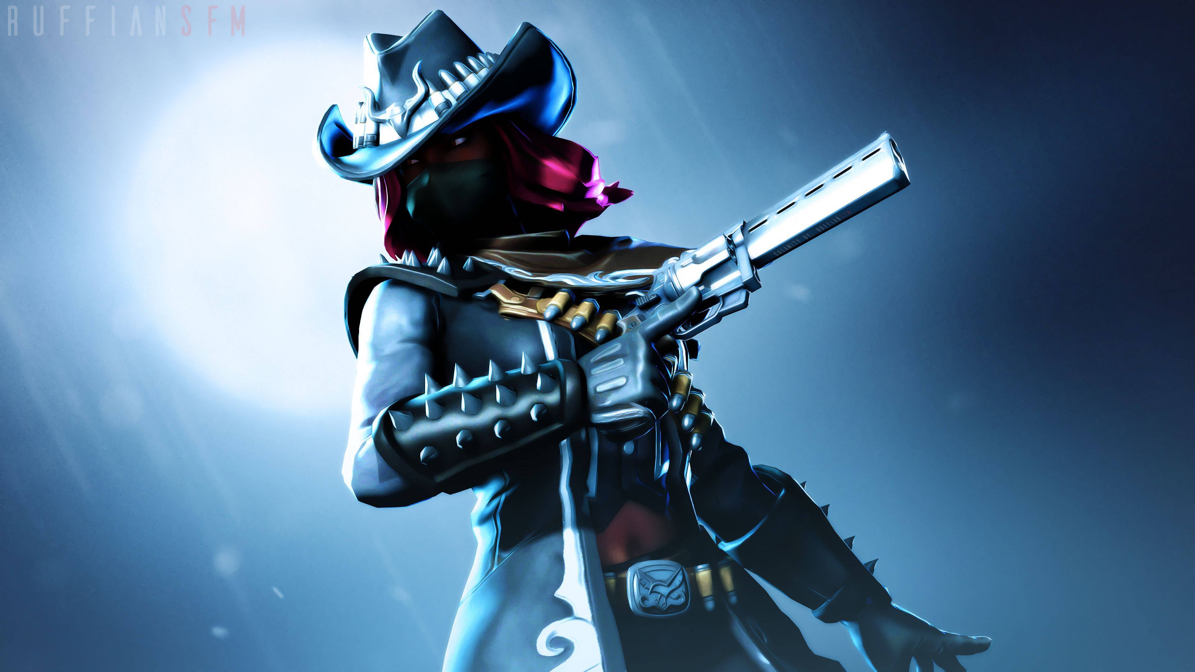 calamity fortnite 桌布 壁紙 — 一個戴面具的牛仔，身穿釘皮套裝，在深藍色背景的明亮聚光燈下拿著一把散彈槍。