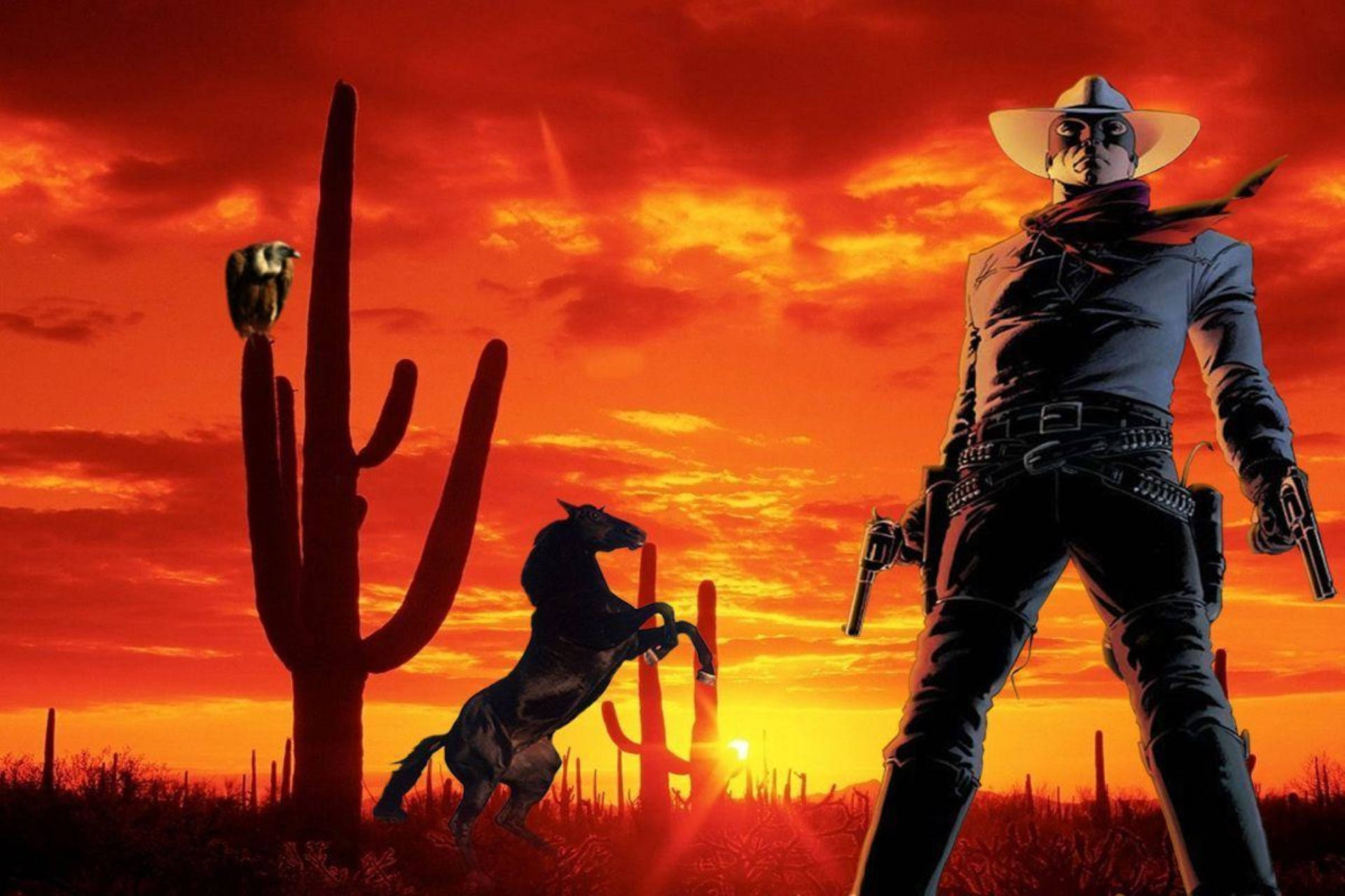 Cowboy 桌布 壁紙 — 一個戴面具的牛仔手持兩把手槍，站在夕陽下的沙漠中，一匹後腿站立的馬和仙人掌剪影映襯著火紅的橙色雲彩。