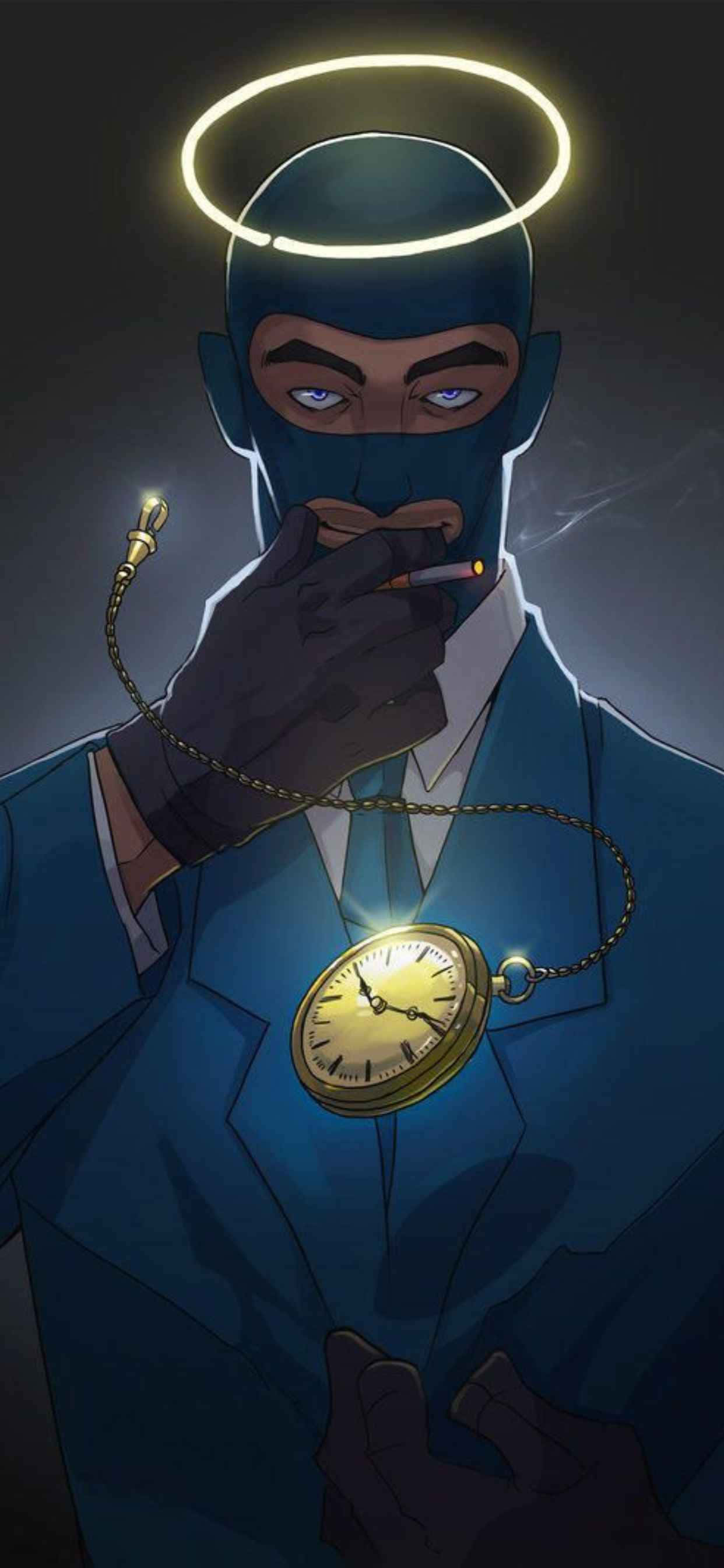 電玩遊戲 桌布 壁紙 — 一個戴面具的男人穿著藍色西裝，抽著煙，戴著發光的光環和金色懷錶。