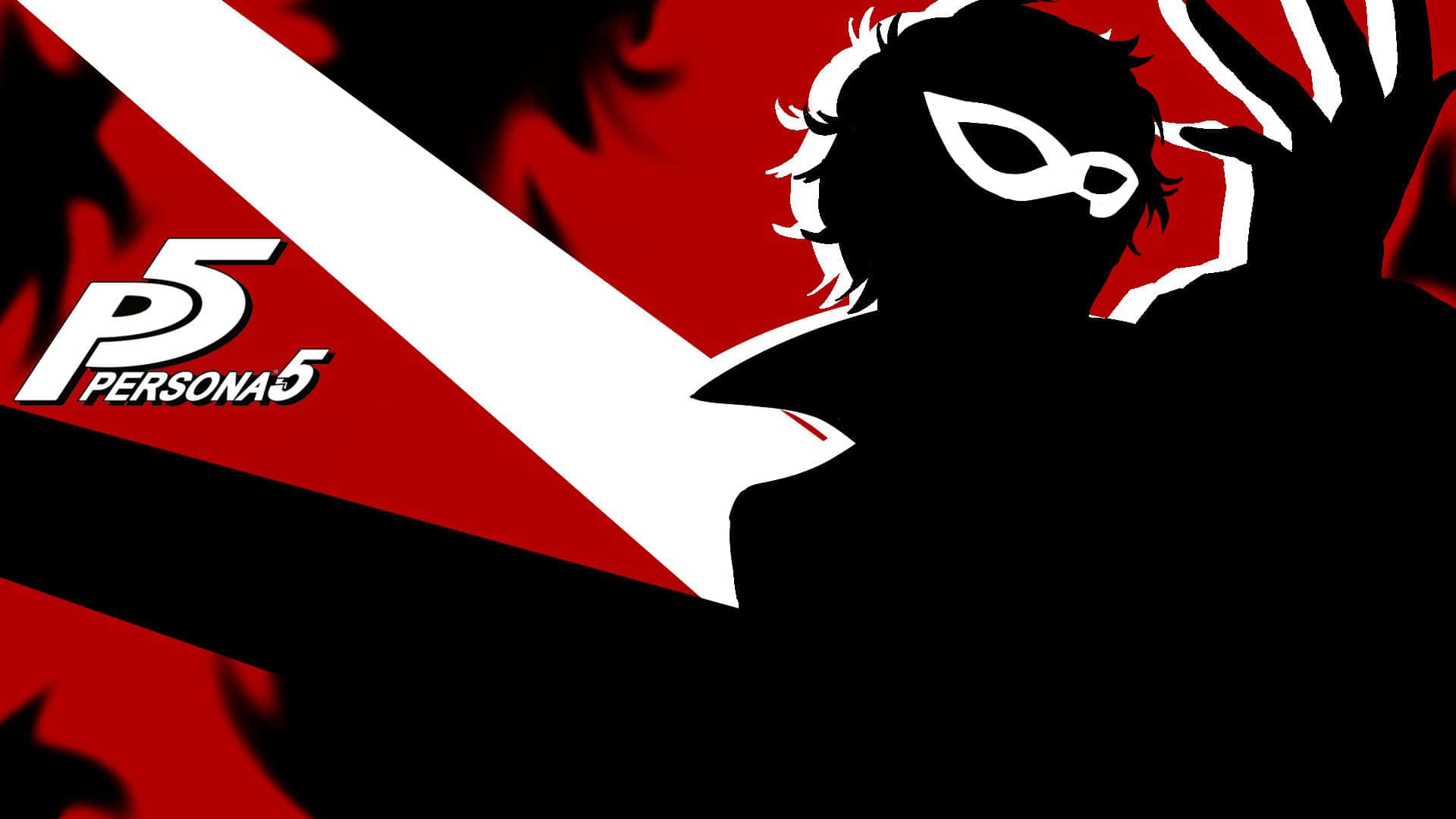 簡約 桌布 壁紙 — 一個戴面具的白色人物在鮮豔的紅黑背景上與Persona 5標誌的醒目剪影。