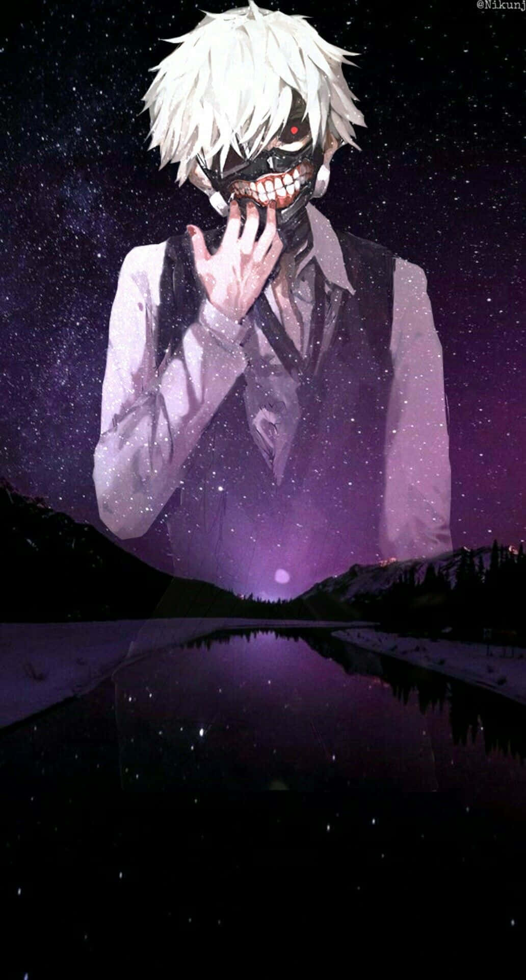 Kaneki Phone 桌布 壁紙 — 一個戴面具的白髮動漫角色站在平靜湖面倒映的星空紫色夜空前。