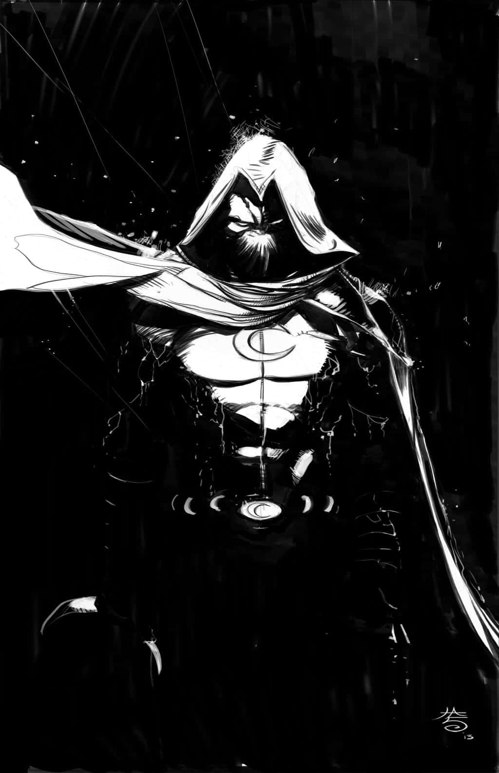 Moon Knight 桌布 壁紙 — 一個戴面具的義警，披著飄逸的斗篷，站在陰影的雨中，胸前有新月標誌。