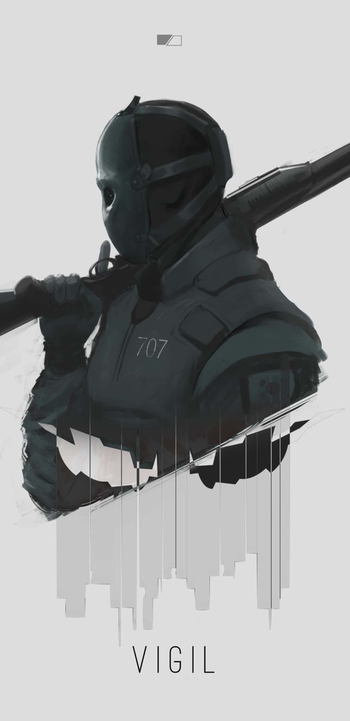 Pixel 3xl Rainbow Six Siege 桌布 壁紙 — 一個戴面具的義警穿著深色戰術裝備，在極簡城市天際線背景下持步槍。