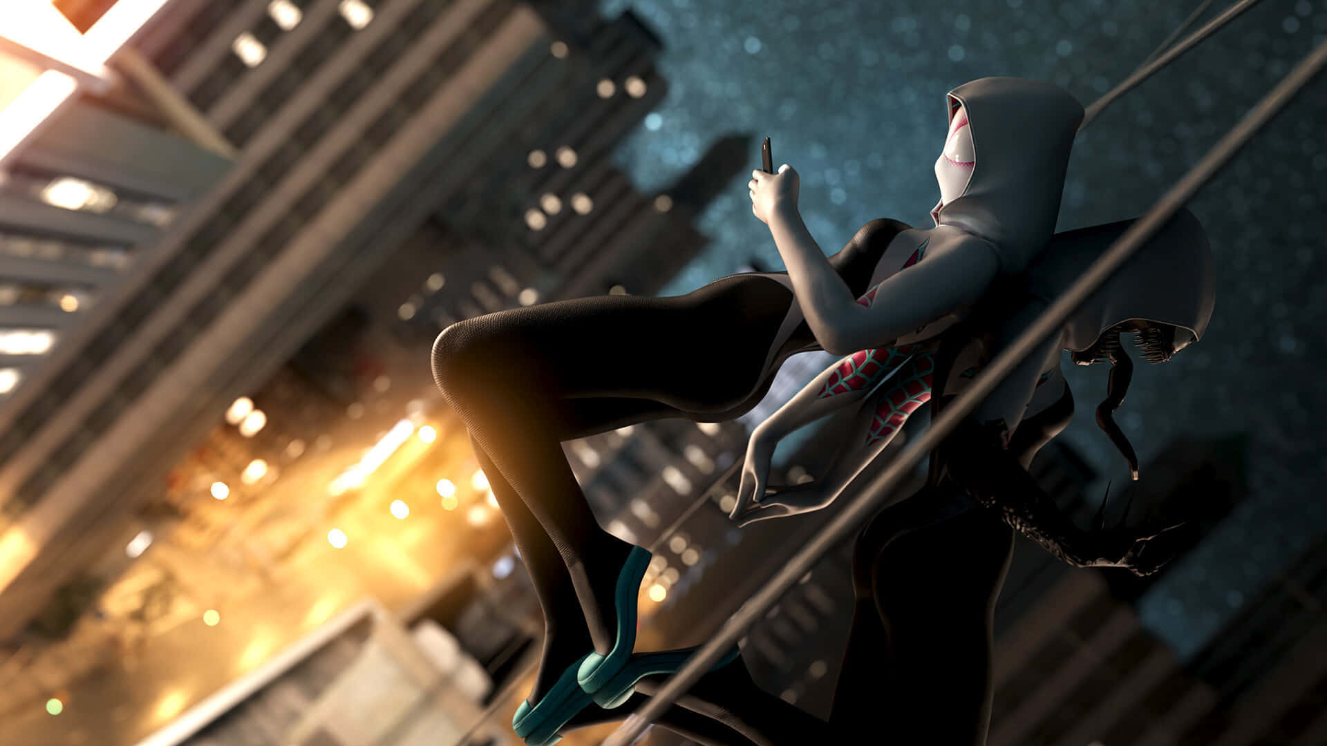 3d City 桌布 壁紙 — 一個戴面具的義警穿著深色連帽衫，夜晚在霓虹燈照亮城市景觀中拿著電話擺盪。