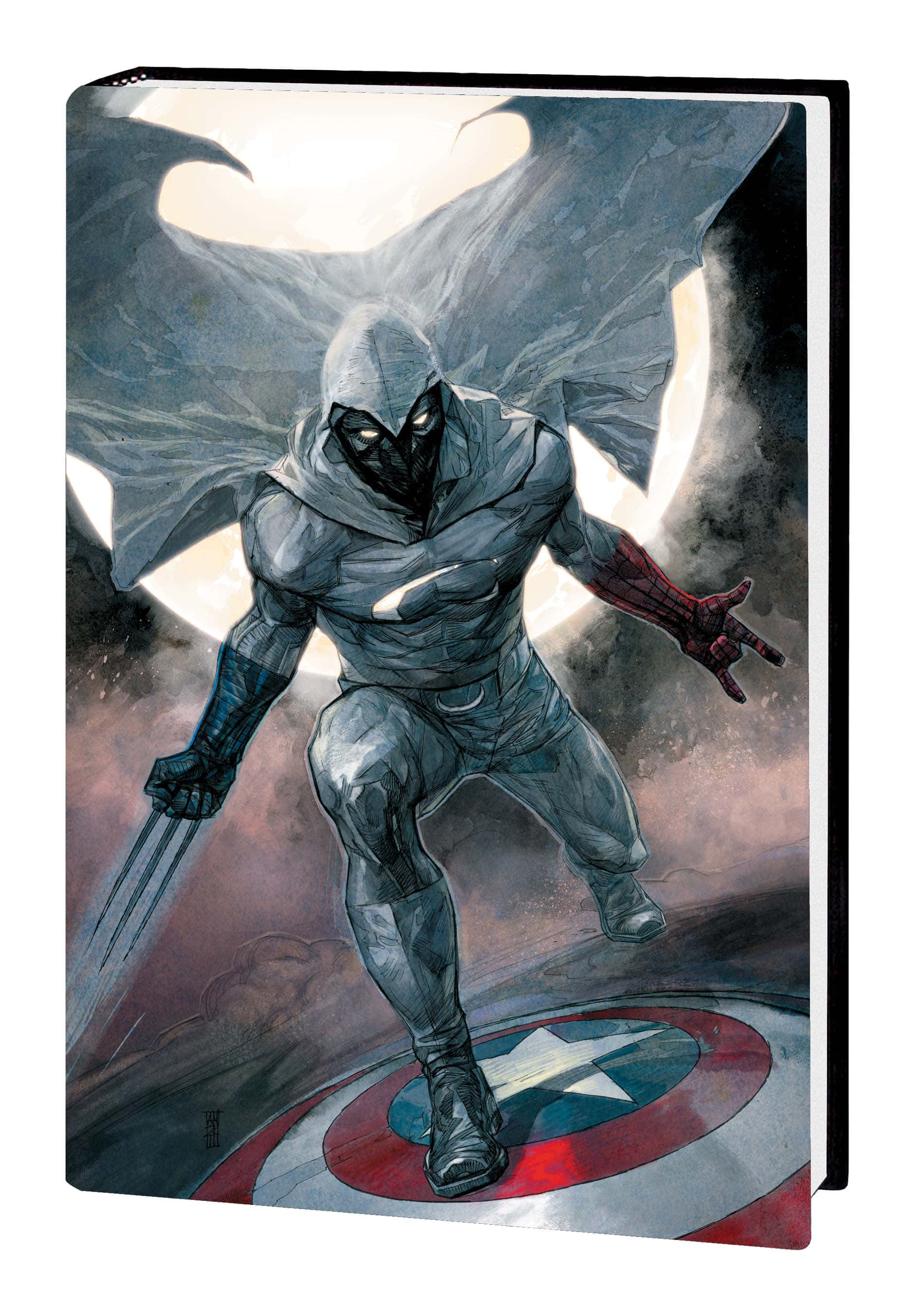 Moon Knight 桌布 壁紙 — 一個戴面具的義警穿著灰色連帽套裝站在美國隊長的盾牌上，背後有一個發光的月亮。