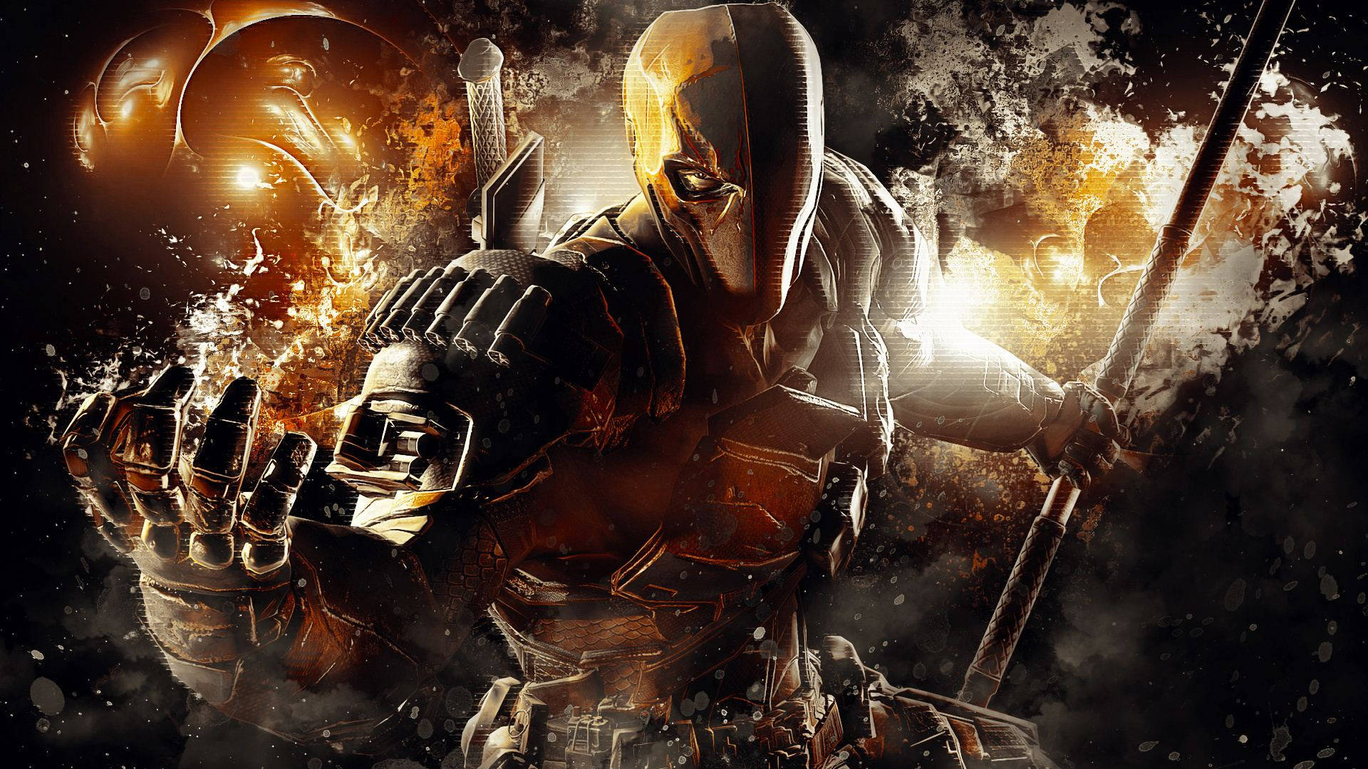 Deathstroke 桌布 壁紙 — 一個戴面具的義警穿著黑暗盔甲，挑釁地站在熾熱的爆炸和發光的能量效果中。