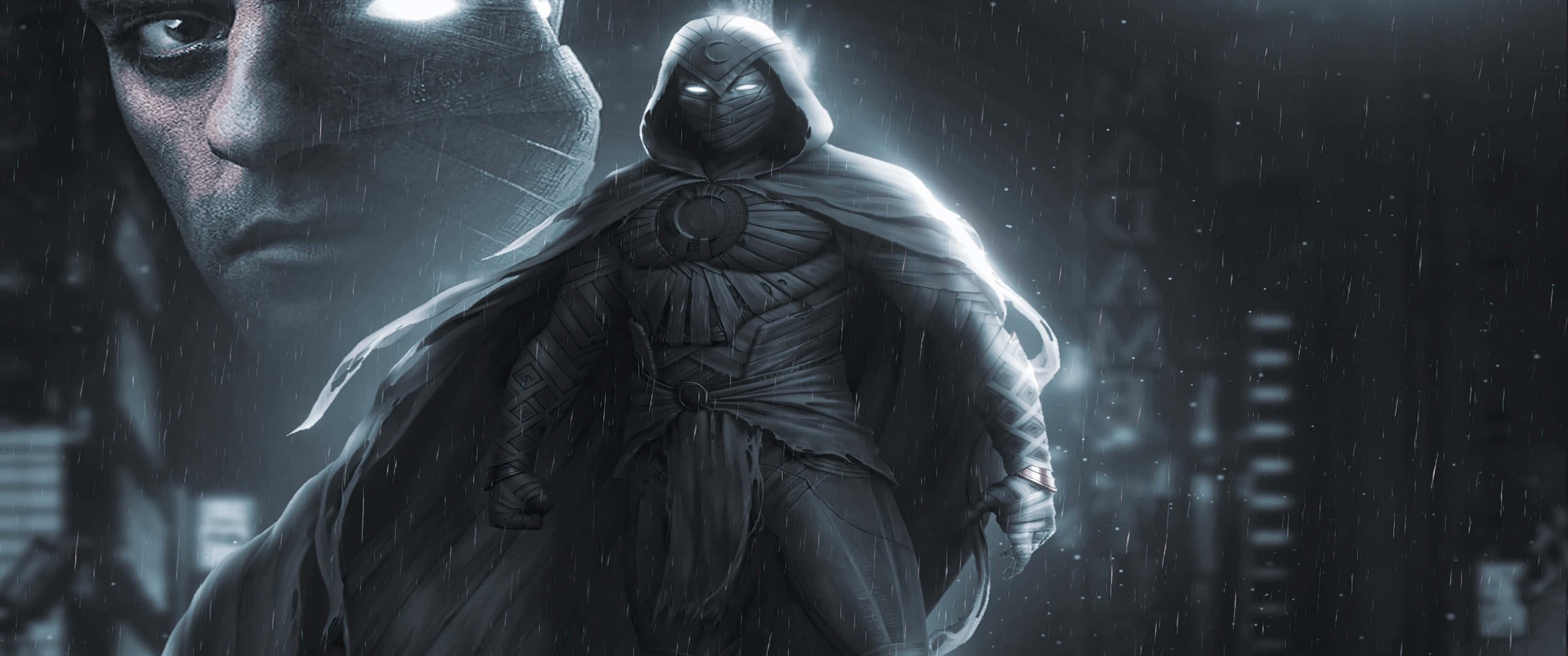 Moon Knight 桌布 壁紙 — 一個戴面具的義警站在被雨水浸透的城市陰影中，背景中有一張若隱若現的臉。