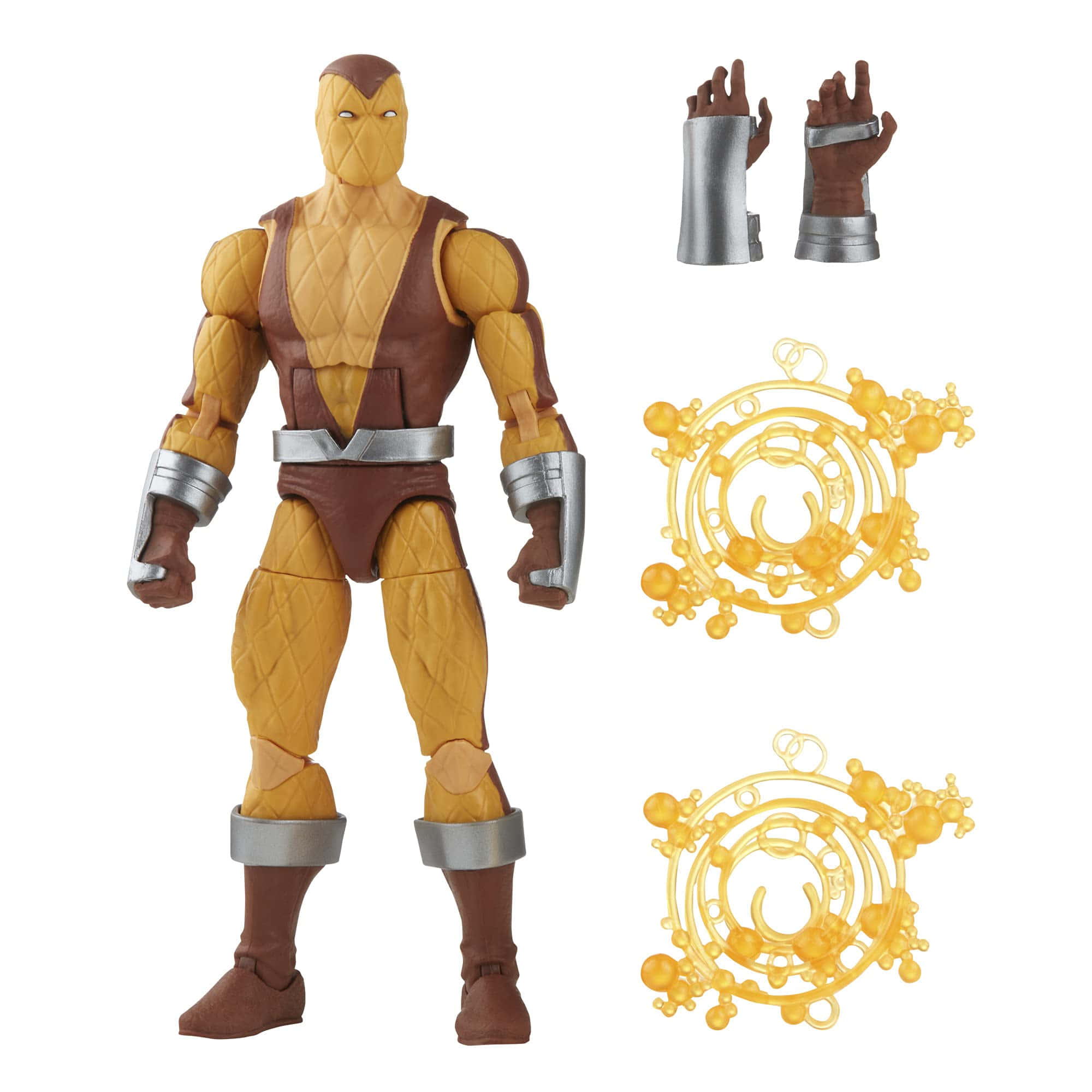 The Shocker 桌布 壁紙 — 一個戴面具的英雄的詳細動作人偶，身穿黃色和棕色裝甲，帶有銀色點綴和可互換部件。