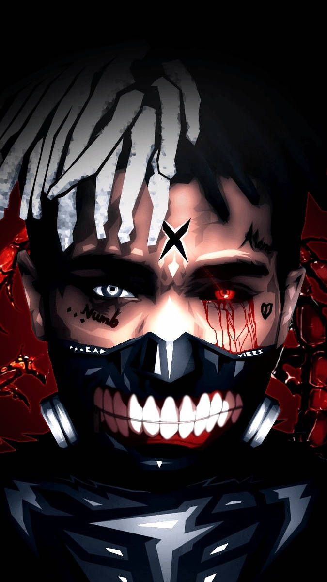 xxxtentacion 美學 桌布 壁紙 — 一個戴面具的角色，一隻紅眼和一隻藍眼，背景為深紅色裂紋的風格化動漫肖像。