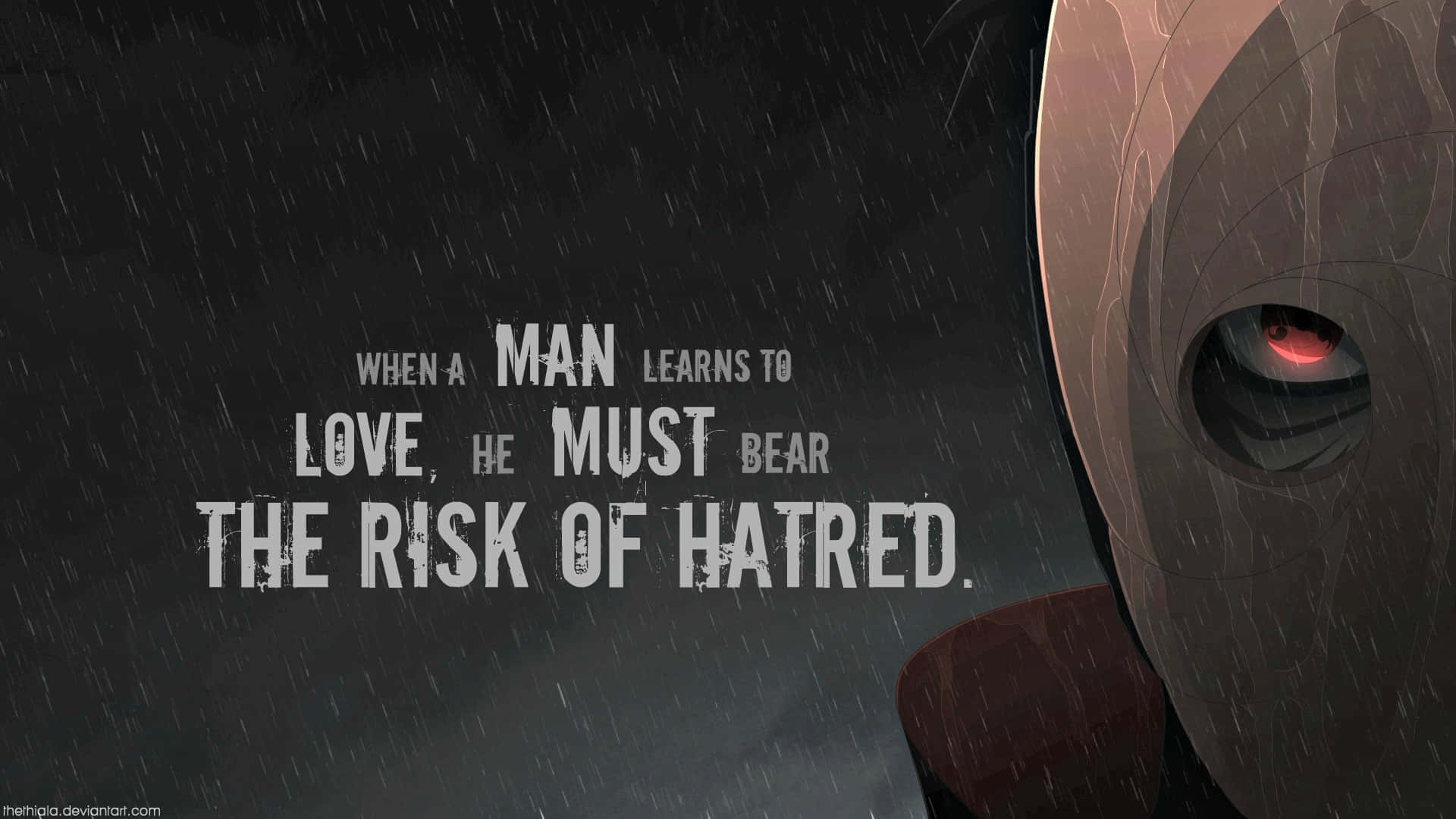 Sad Anime Quotes 桌布 壁紙 — 一個戴面具的角色，有一隻發光的紅色眼睛，透過雨水凝視，粗體文字在黑暗風暴背景下宣告愛的代價。