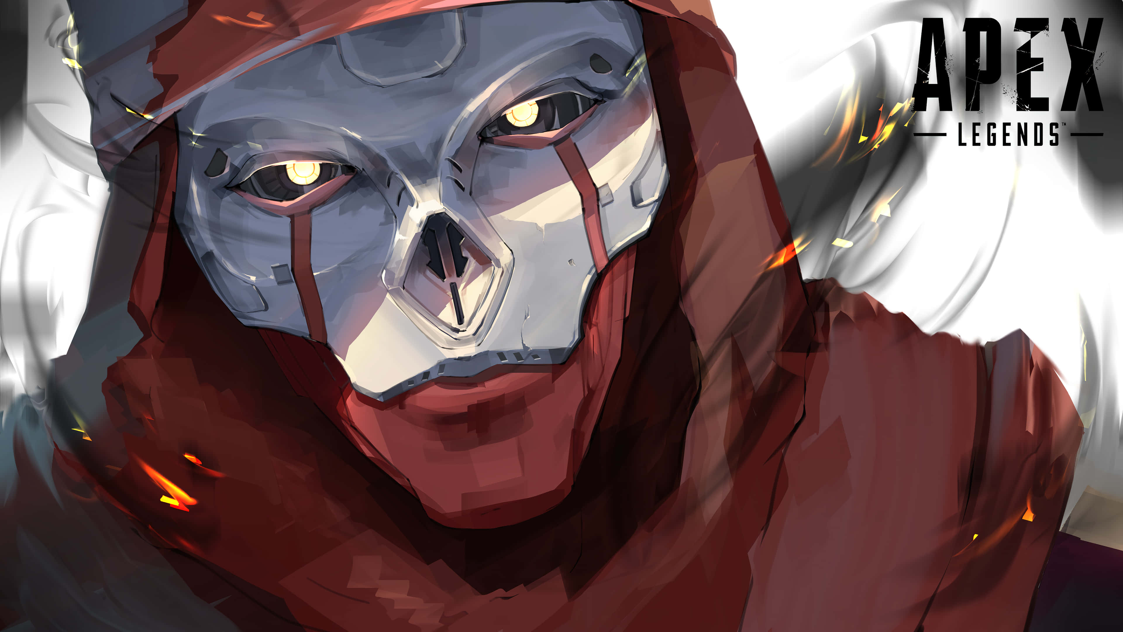 Apex Legends Characters 桌布 壁紙 — 一個戴面具的角色，身穿紅色連帽裝備，擁有發光的黃色眼睛，周圍有火花旋轉的特寫。
