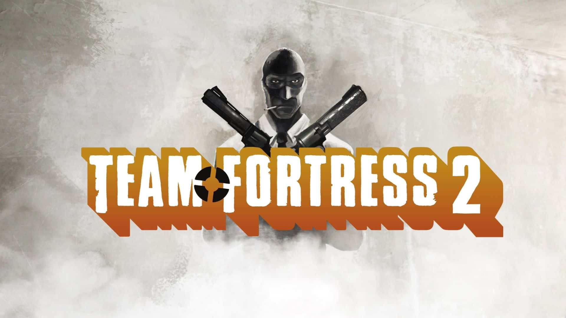 1920x1080 Tf2 桌布 壁紙 — 一個戴面具的角色在煙霧瀰漫的灰色背景上，手持兩把交叉的手槍，位於粗體橙色和白色的「Team Fortress 2」文字後方。