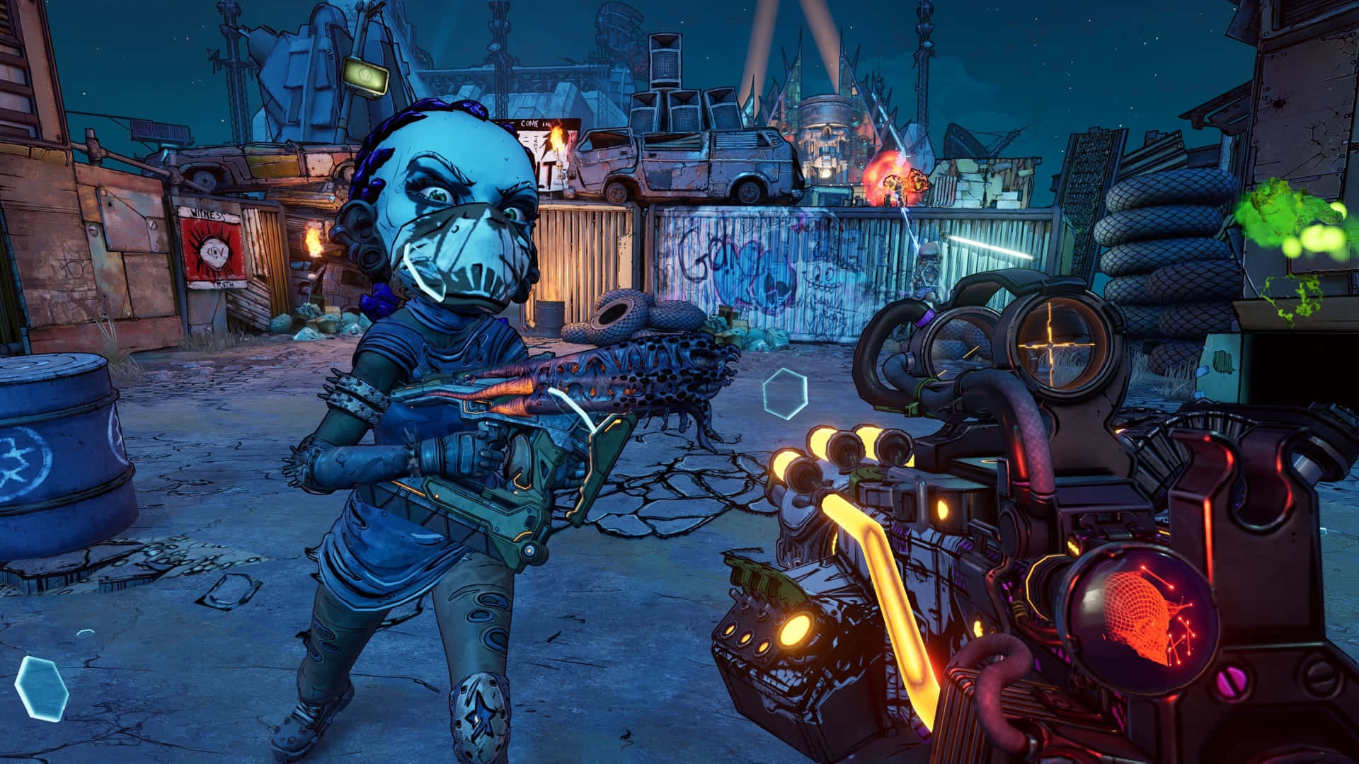 1080p Borderlands 3 桌布 壁紙 — 一個戴面具的角色在霓虹燈照亮的垃圾場向著一支有橙色燈光的未來感手槍發射發光武器。