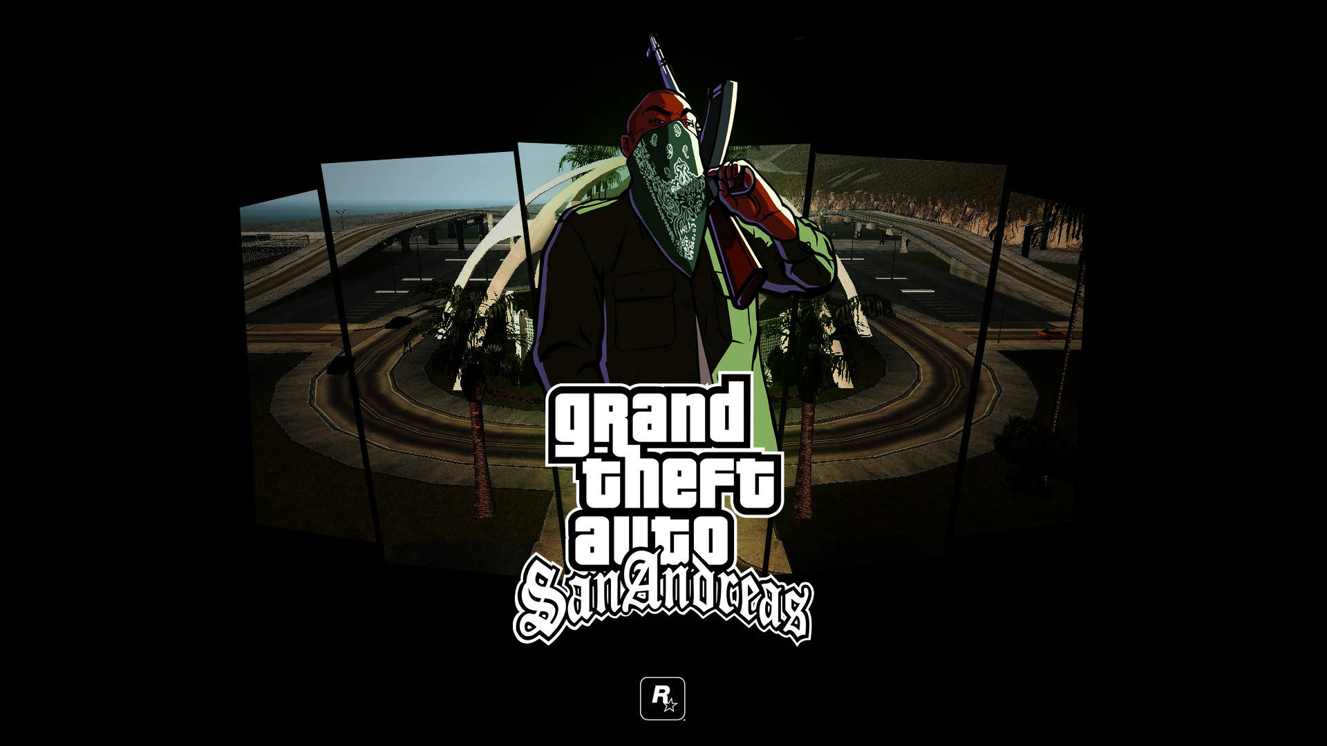 GTA San Andreas 標誌，戴面具的角色在高速公路場景上方手持步槍。 — 槍枝 GIF 壁紙