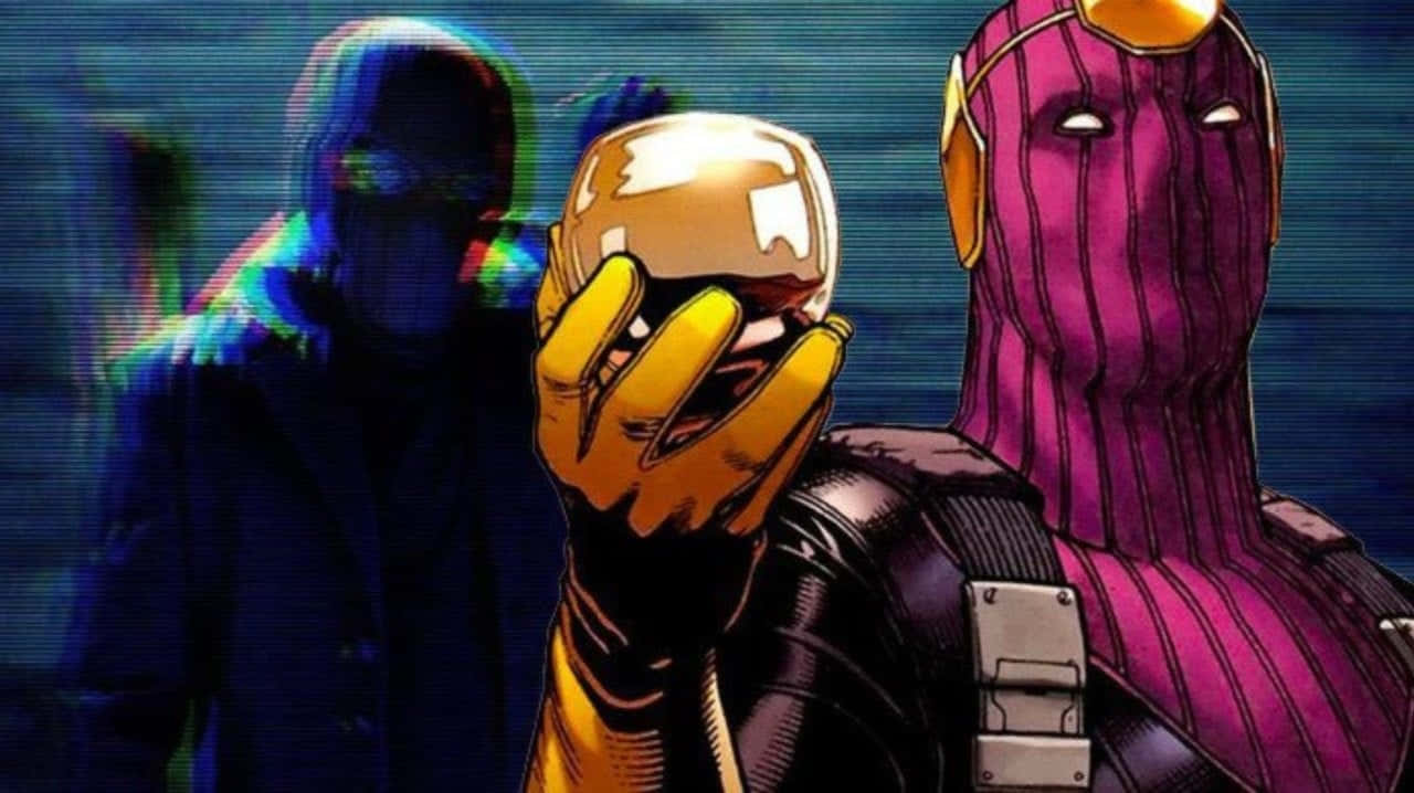 Baron Zemo 桌布 壁紙 — 一個戴面具的角色拿著頭盔，另一個戴面具的角色站在後面的漫畫風格插圖。