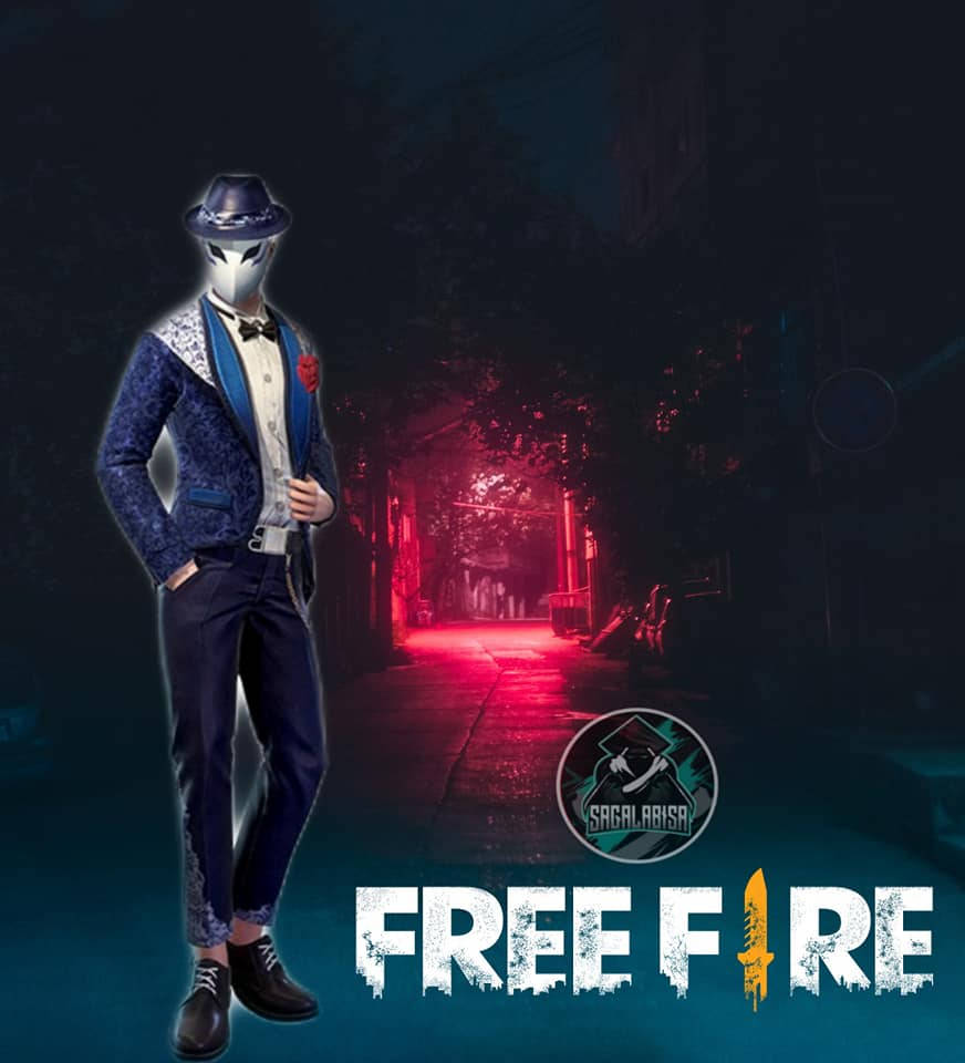 Free Fire Logo 桌布 壁紙 — 一個戴面具的角色穿著時尚西裝，在夜晚霓虹燈照亮的城市小巷中自信站立，帶有紅色光芒和遊戲標誌。