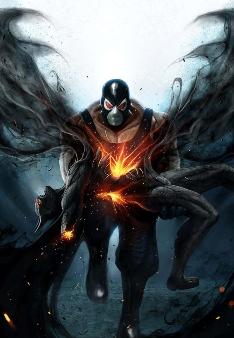 Batman Knightfall 桌布 壁紙 — 一個戴面具的超級英雄，擁有發光的紅色眼睛和熾熱的胸部爆發，從黑暗的煙霧中出現在明亮的背景前。