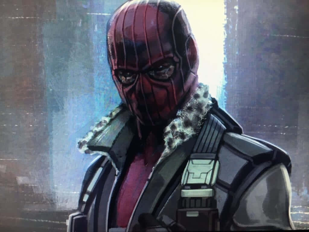 Baron Zemo 桌布 壁紙 — 一個戴面具的超級英雄，身穿紅黑盔甲，配有毛皮襯裡領，站在粗糙的城市背景前。