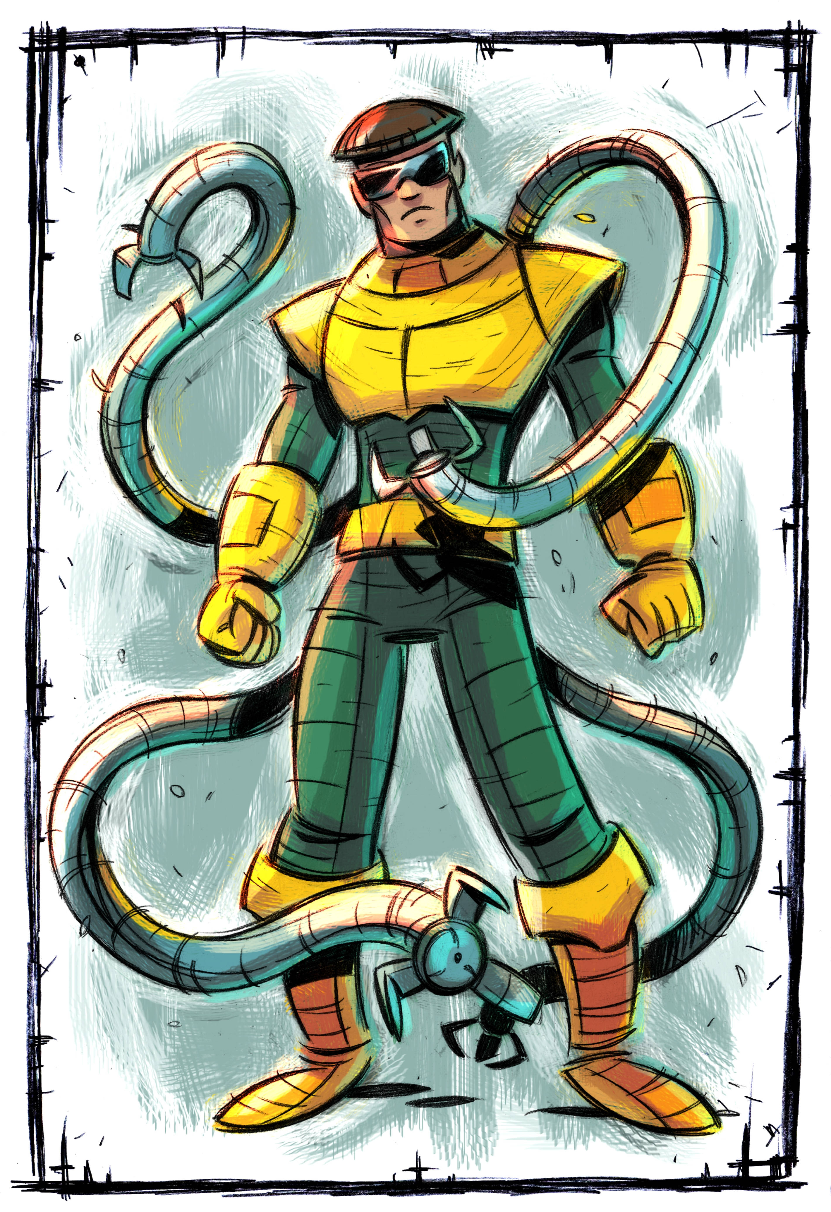 Doctor Octopus 桌布 壁紙 — 一個戴面具的超級英雄以動感姿態展示多條機械觸手的漫畫風格插圖。