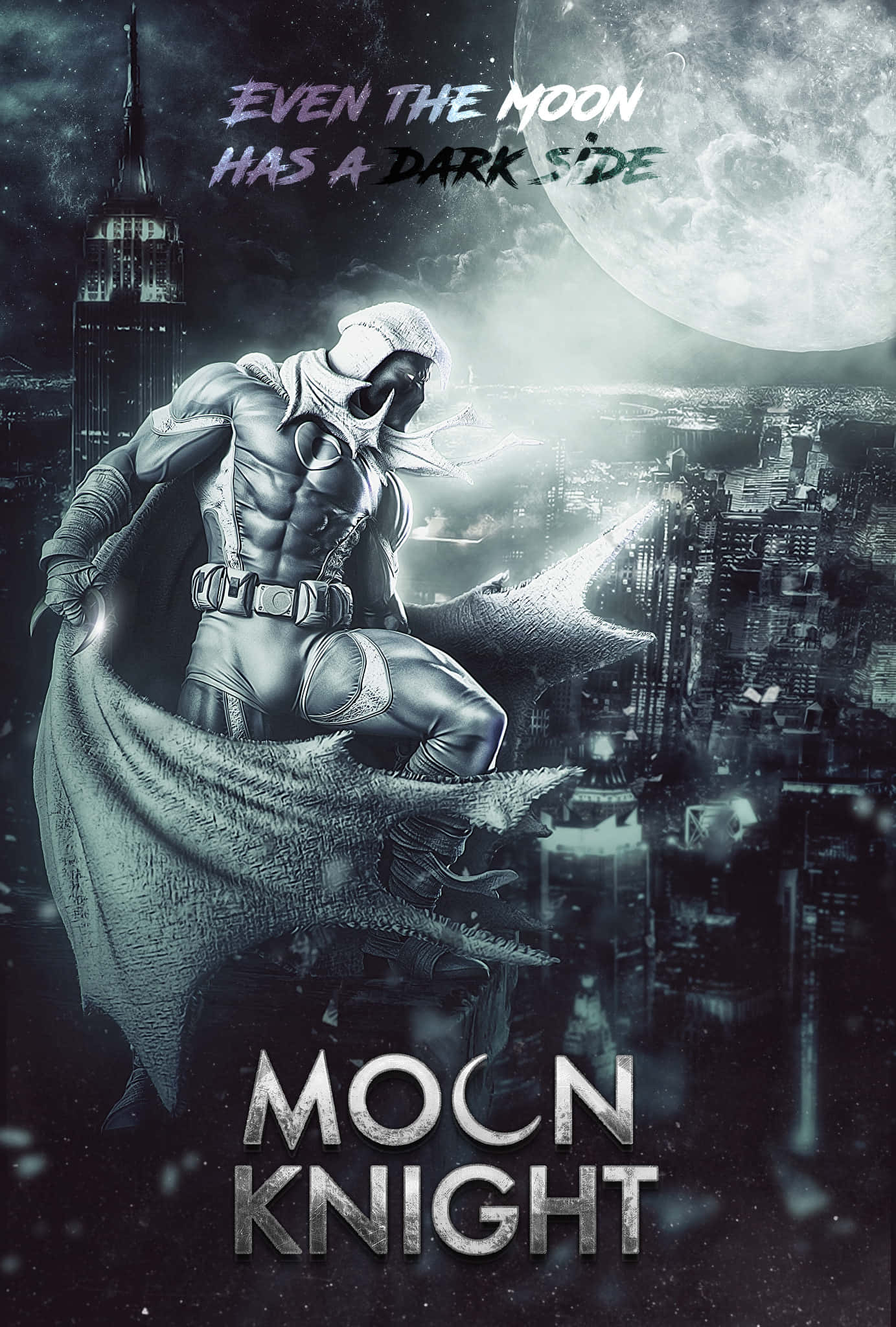 Moon Knight 桌布 壁紙 — 一個戴面具的超級英雄棲息在摩天大樓頂端，背景是月光下的城市景觀，並帶有文字「Even the Moon Has a Dark Side」和「Moon Knight」。