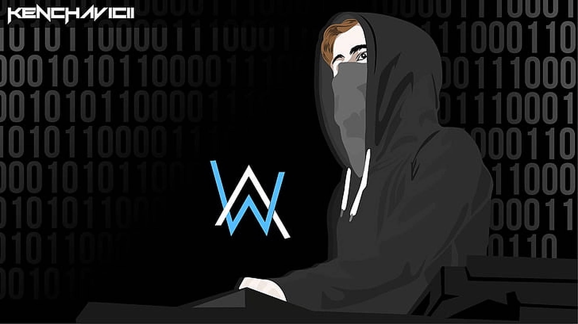 艾倫·沃克 桌布 壁紙 — 一個戴面具的連帽人物坐在發光的藍色「AW」標誌前，背景是二進位代碼。