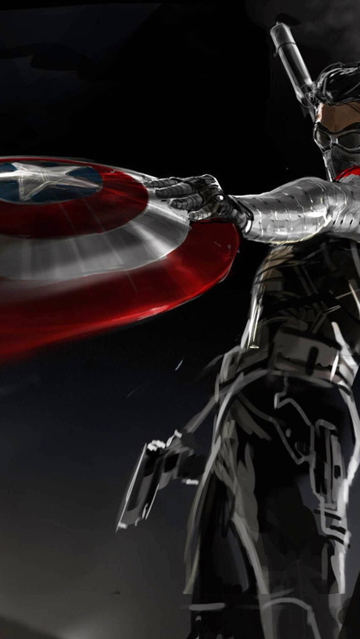 Bucky Barnes 桌布 壁紙 — 一個戴面具的銀色盔甲超級英雄在黑暗背景中抓住一個旋轉的紅白藍盾牌。