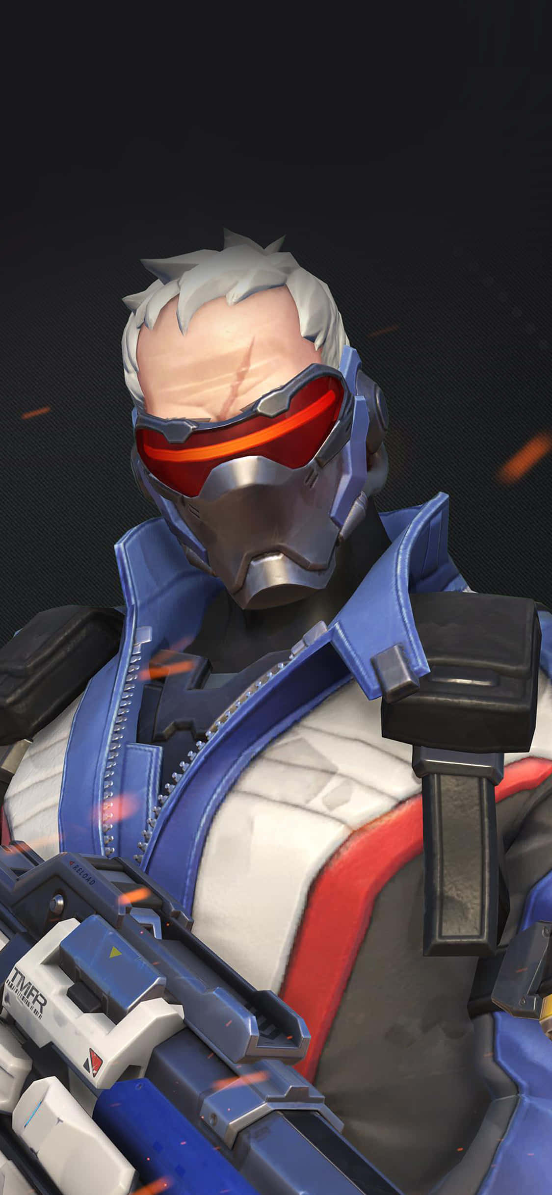 Soldier 76 桌布 壁紙 — 一個戴面具的電子遊戲角色特寫，白髮，紅色發光護目鏡，手持未來感武器。