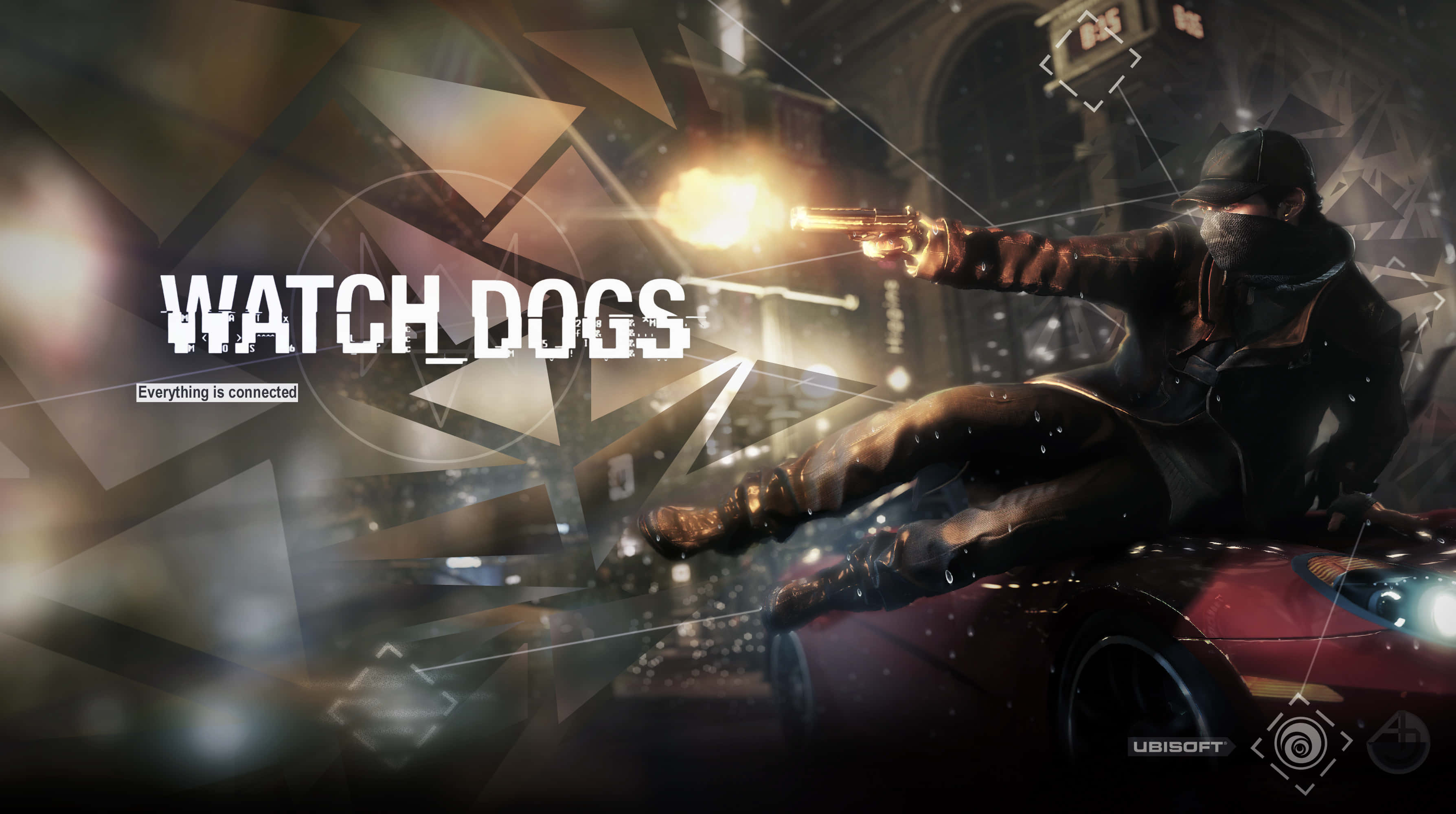 Watch Dogs 桌布 壁紙 — 一個戴面具的駭客在黑暗的城市中，從一輛帶有數位疊加和Watch Dogs標誌的紅色汽車頂部發射發光手槍。