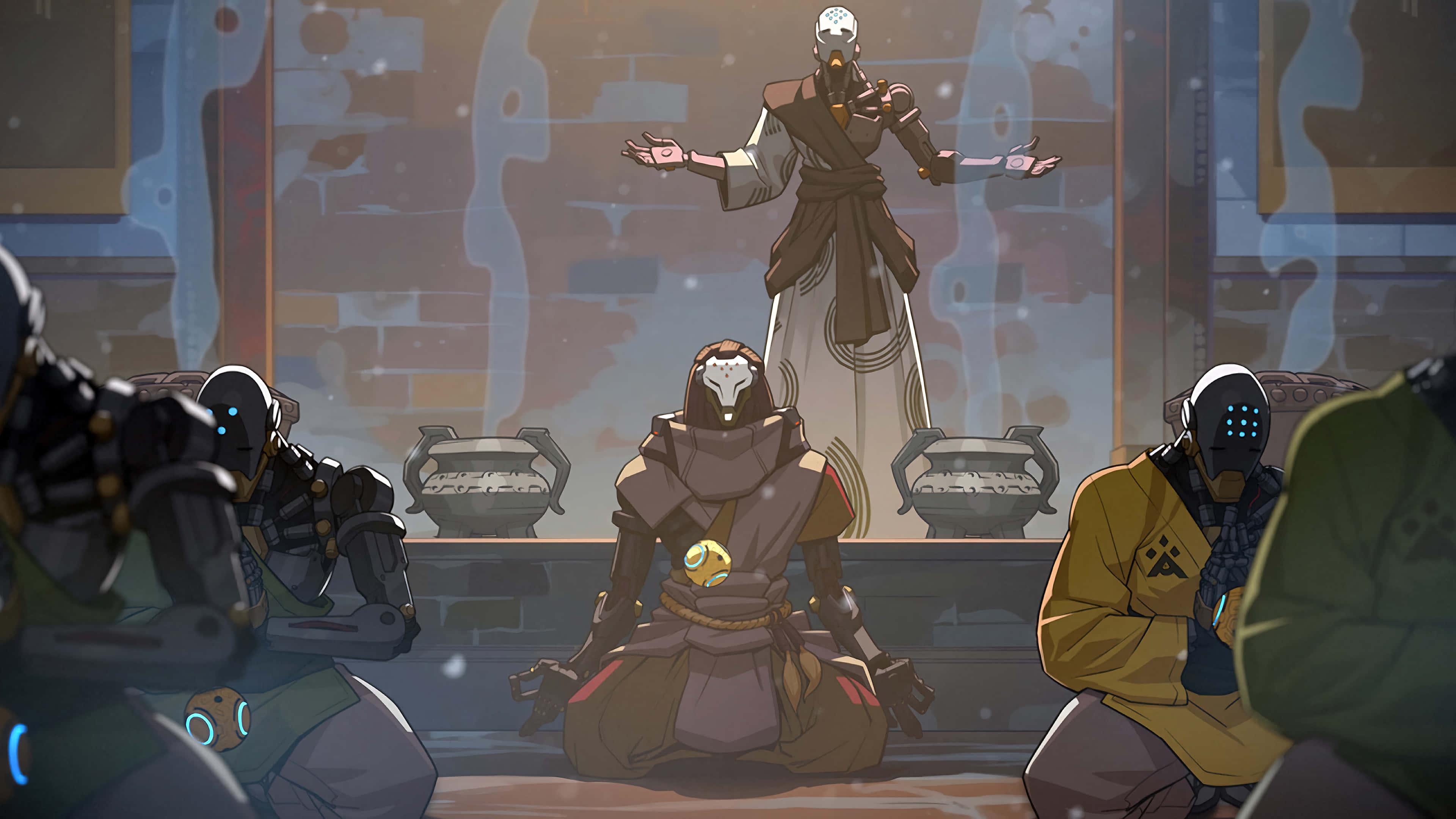 Overwatch Heroes 桌布 壁紙 — 一個戴面具穿長袍的人物站在高處，向一個光線昏暗、氣氛濃厚的房間裡跪著的盔甲人物講話。
