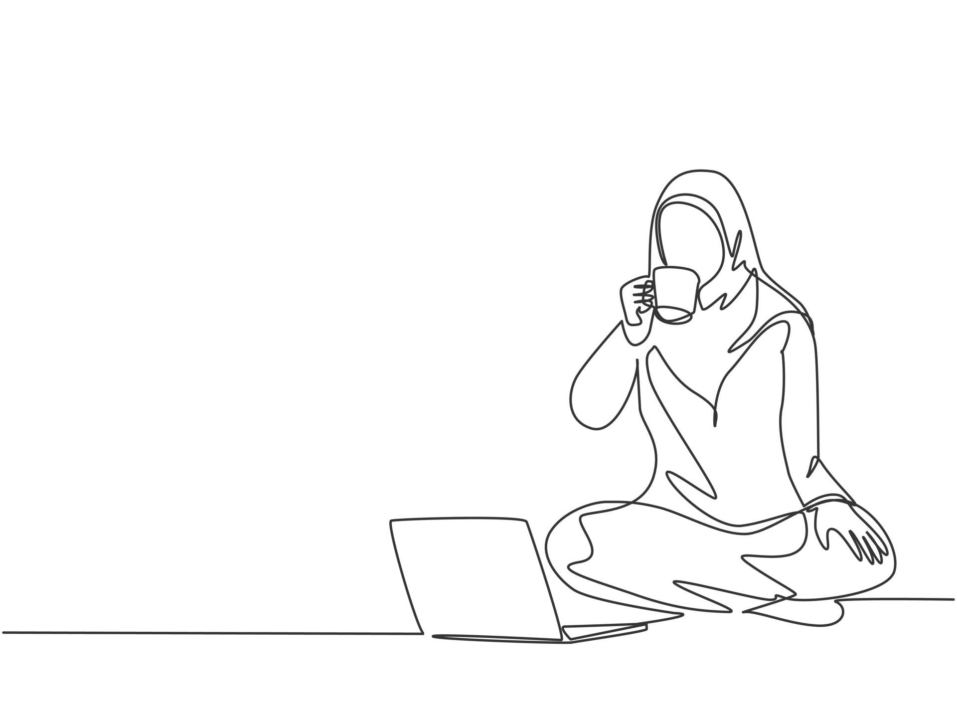 Illustration Art 桌布 壁紙 — 一個戴頭巾的人坐在打開的筆記型電腦旁邊，從杯子裡啜飲的極簡線條畫。