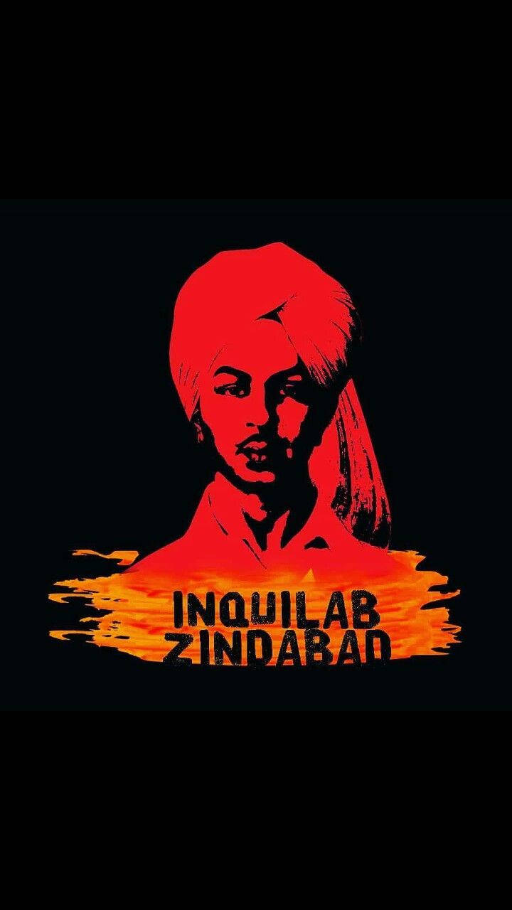 Shaheed Bhagat Singh 桌布 壁紙 — 一個戴頭巾的人的大膽紅色剪影，背景是黑色，下方有火橙色文字 'INQUILAB ZINDABAD'。