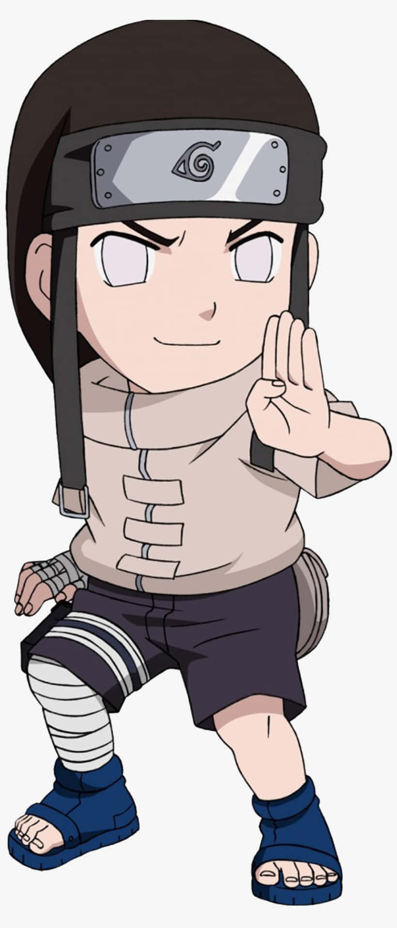 Neji Hyuga 桌布 壁紙 — 一個戴頭帶、腿纏繃帶的Q版動漫忍者自信地結手印。