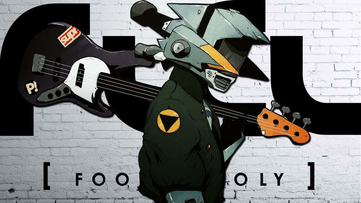 FLCL 桌布 壁紙 — 一個戴頭盔和穿外套的風格化動漫角色，在白色磚牆前拿著低音結他，牆上有粗體黑色字樣。