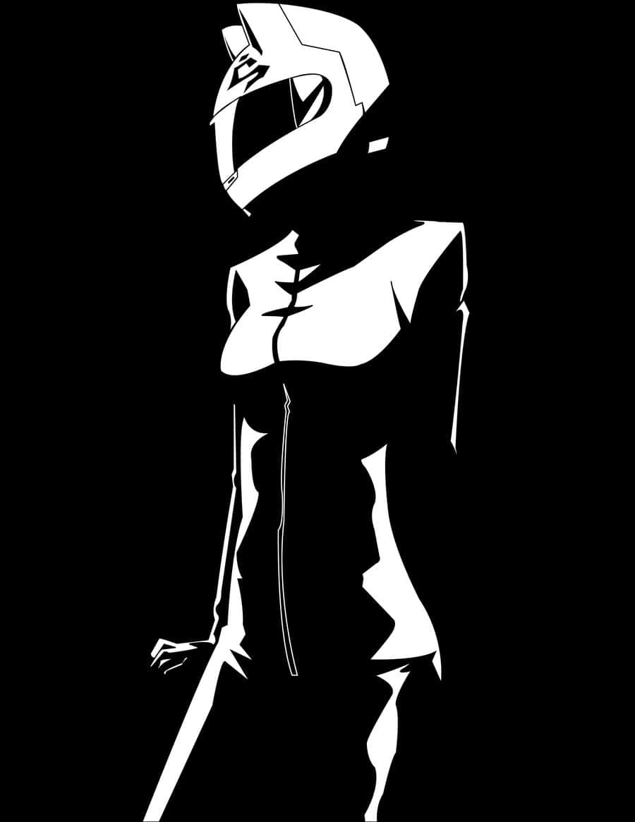 Celty Sturluson 桌布 壁紙 — 一個戴頭盔和緊身衣的白色風格化女性形象，在黑色背景前手持劍。