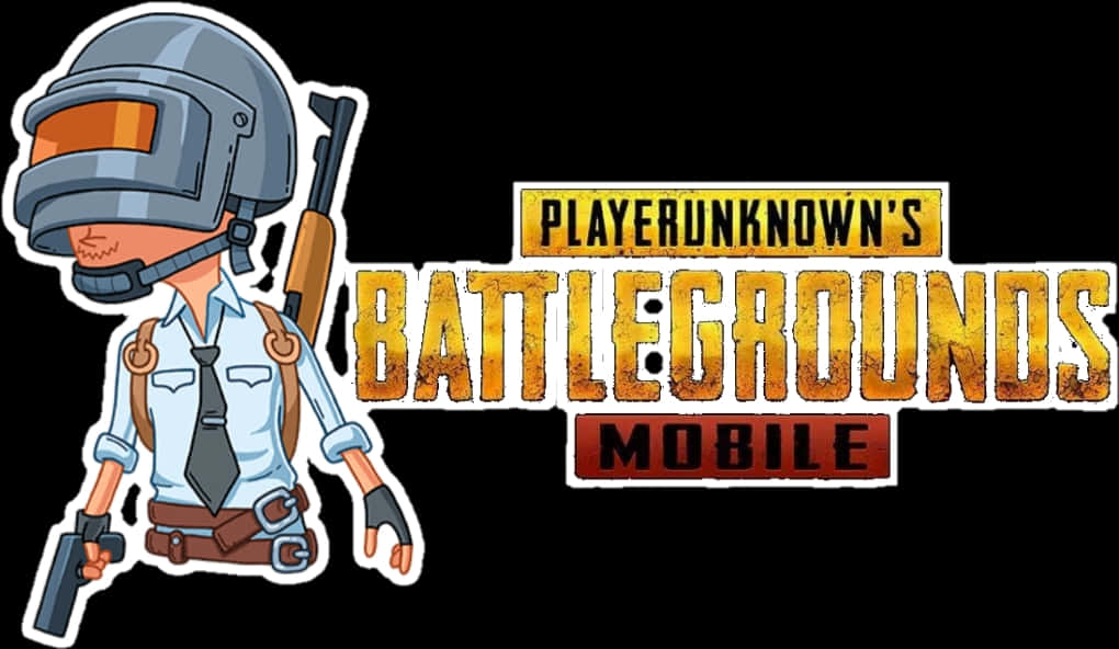 Playerunknown's Battlegrounds 桌布 壁紙 — 一個戴頭盔和領帶的卡通士兵在黑色背景上，於PUBG Mobile標誌旁邊手持武器。