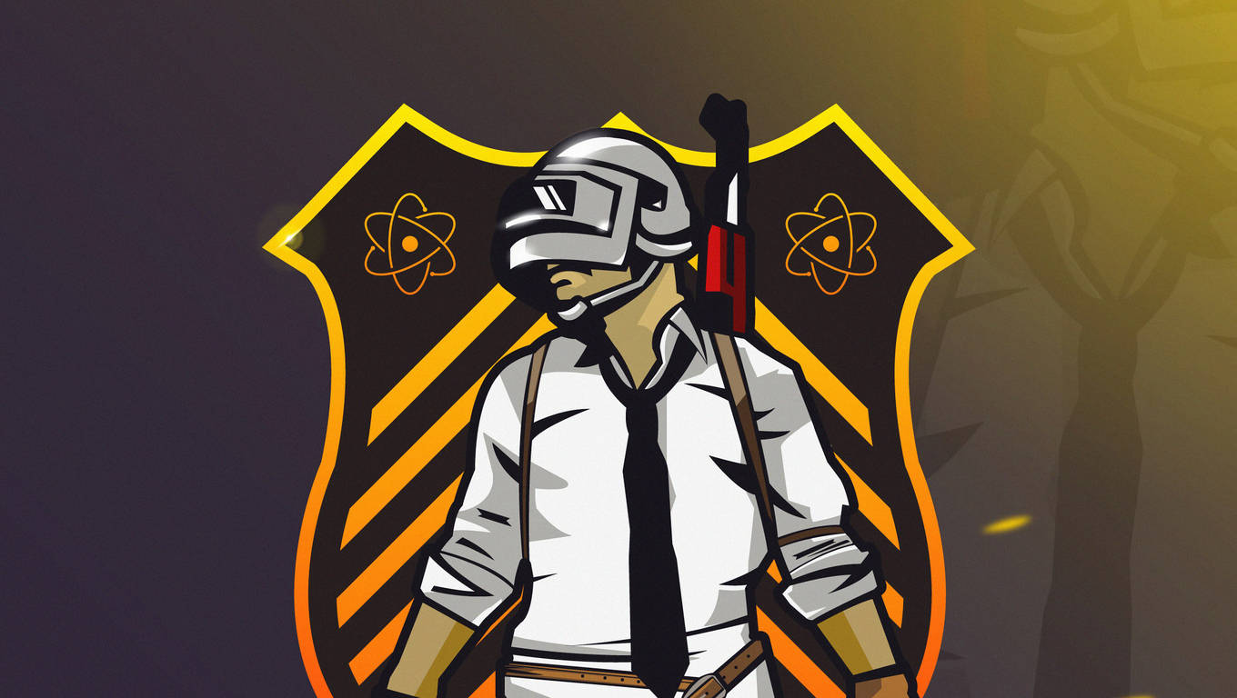 Pubg Logo 桌布 壁紙 — 一個戴頭盔和領帶的風格化角色，手持步槍對抗帶有原子符號的盾牌徽章。
