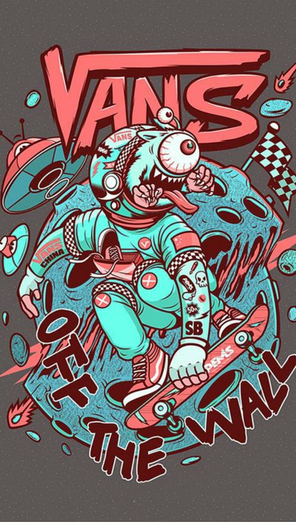 Vans Logo 桌布 壁紙 — 一個戴頭盔的卡通外星人滑板手騎著一塊紅色滑板，上面散落著 'VANS' 和 'OFF THE WALL' 文字。