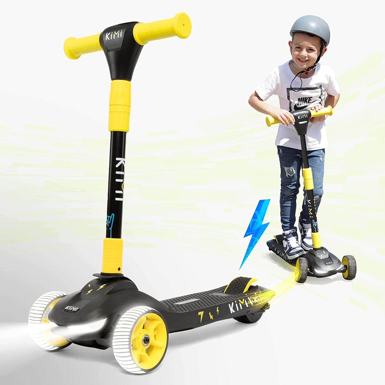 scooter 桌布 壁紙 — 一個戴頭盔的微笑孩子騎著一輛帶有發光輪子的黑黃色電動滑板車，背景是明亮的抽象圖案。