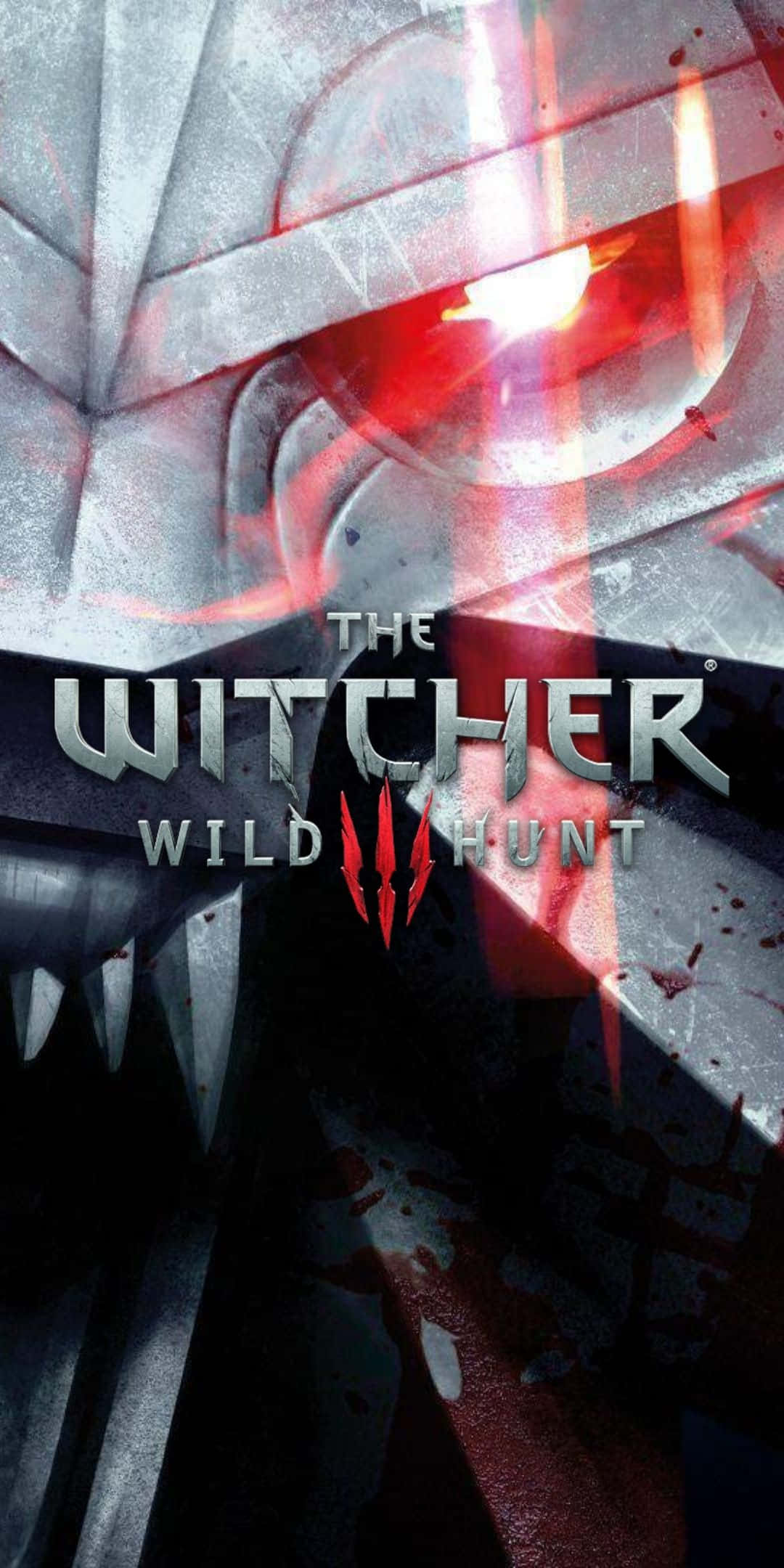 Pixel 3 The Witcher 3 桌布 壁紙 — 一個戴頭盔的戰士，雙眼發出紅光，身上濺滿鮮血，在黑暗金屬背景下的威脅性特寫。