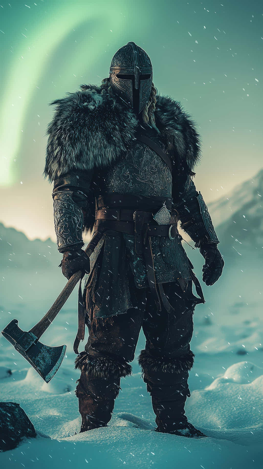A fierce Viking warrior clad in fur and detailed armor stands in a snowy landscap 壁紙 — 一個戴頭盔的戰士穿著毛皮襯裡的盔甲，站在雪地裡，在綠色極光天空下拿著斧頭。