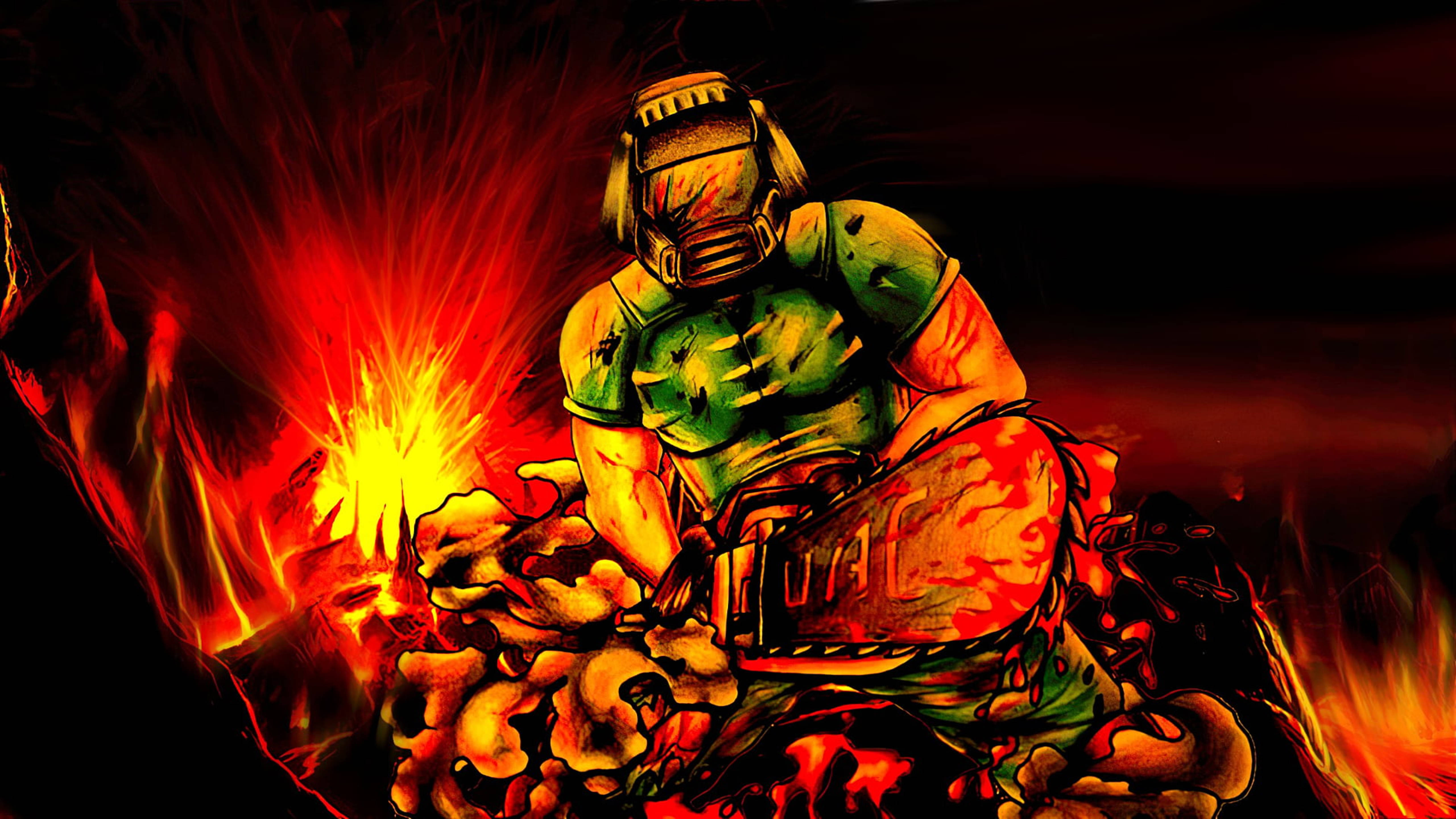 Doomguy 桌布 壁紙 — 一個戴頭盔的肌肉發達人物，在地獄般的景觀中，於熾熱的爆炸和熔岩中揮舞電鋸。
