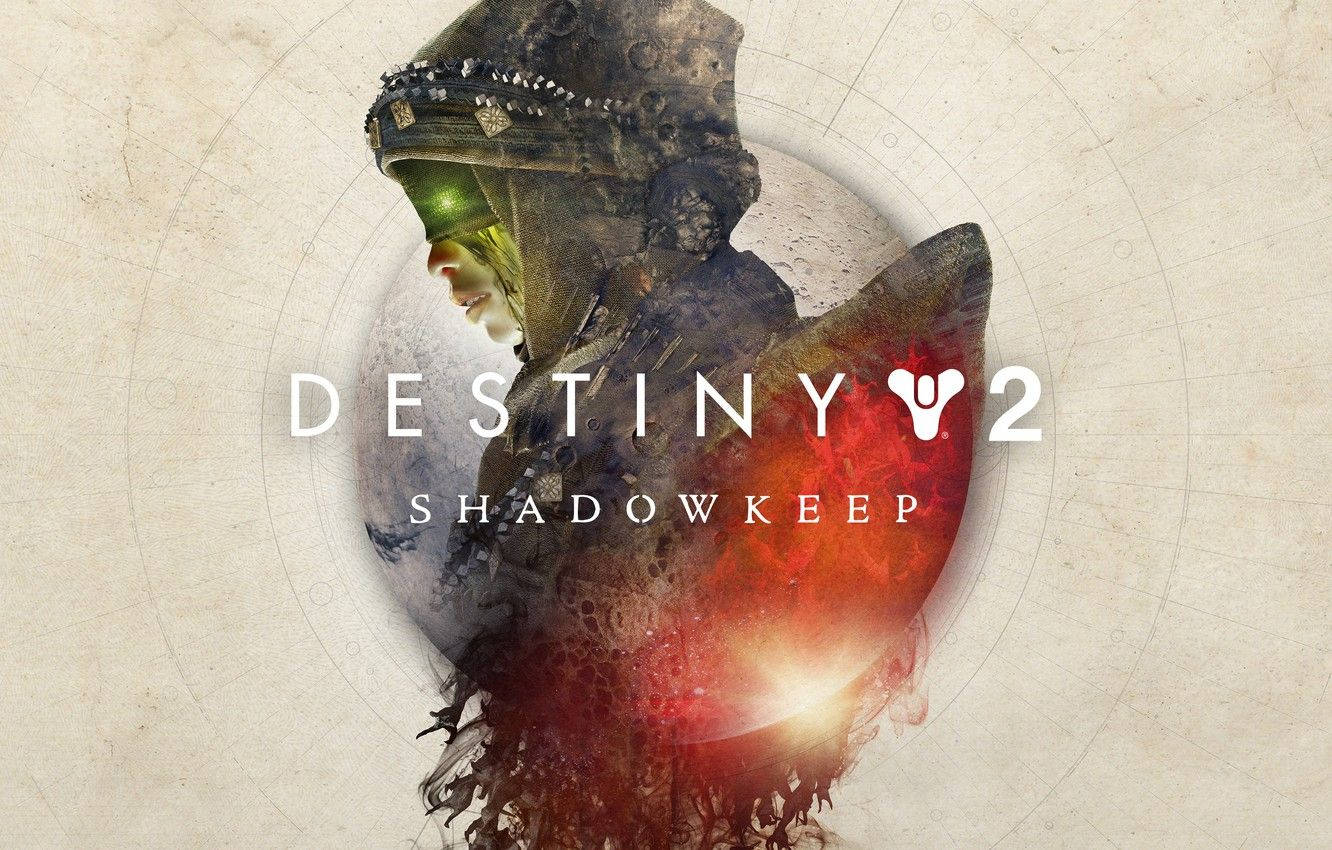 destiny 2 shadowkeep 桌布 壁紙 — 一個戴頭盔的風格化戰士，擁有發光的綠色眼睛和紅色能量光環，背景為圓形，帶有遊戲標題文字。