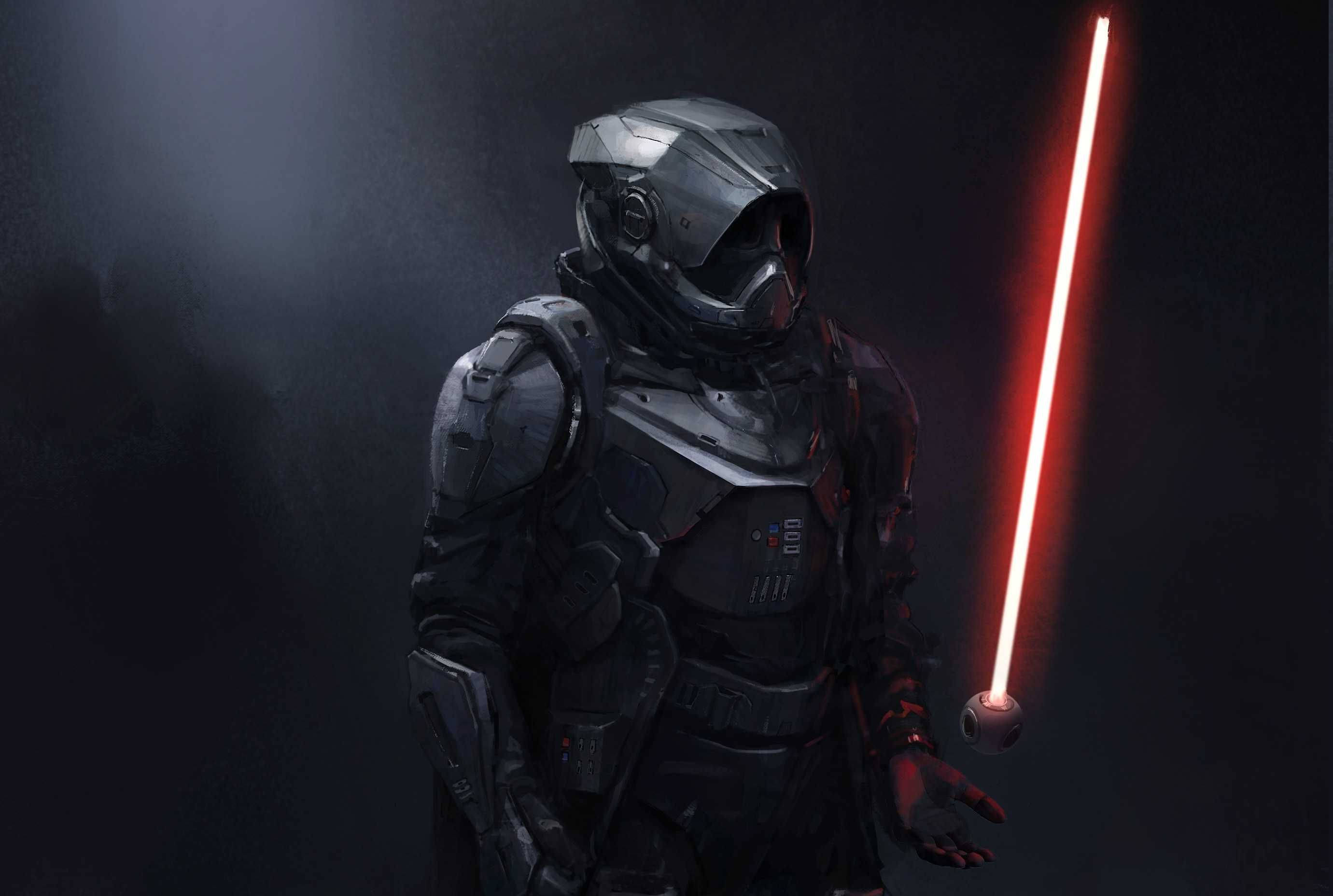 Sith 桌布 壁紙 — 一個戴頭盔的黑暗裝甲人物在煙霧瀰漫的陰影背景下手持發光的紅色光劍。
