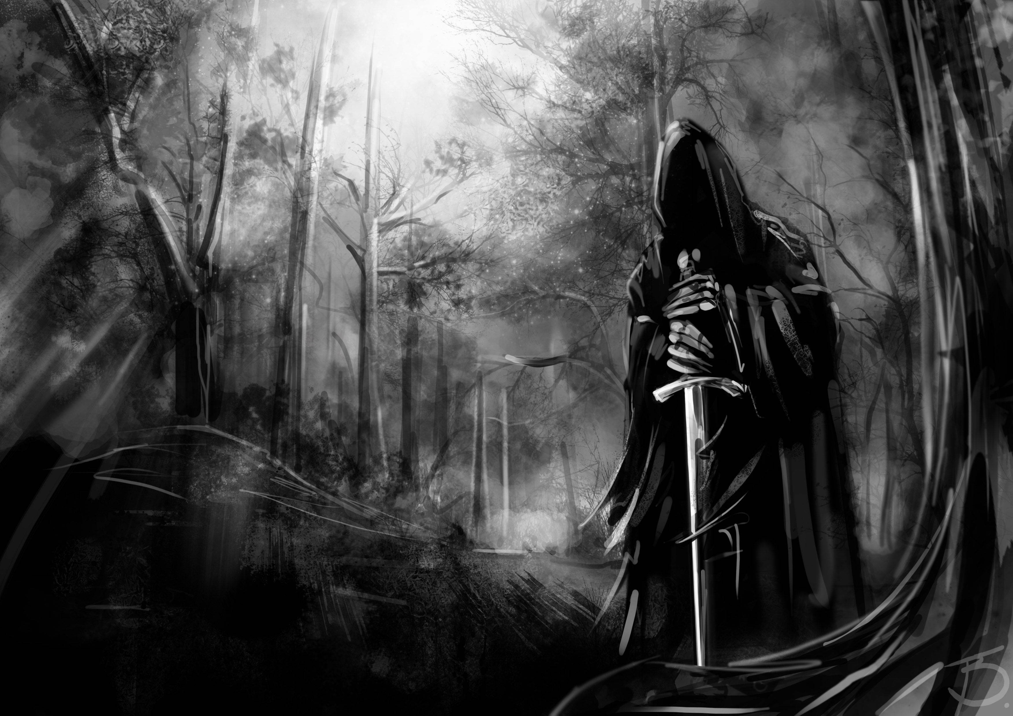 reaper 桌布 壁紙 — 一個戴頭罩的身影在霧氣瀰漫的森林中握著劍，空靈的光線穿過骷髏般的樹木，呈現單色調。